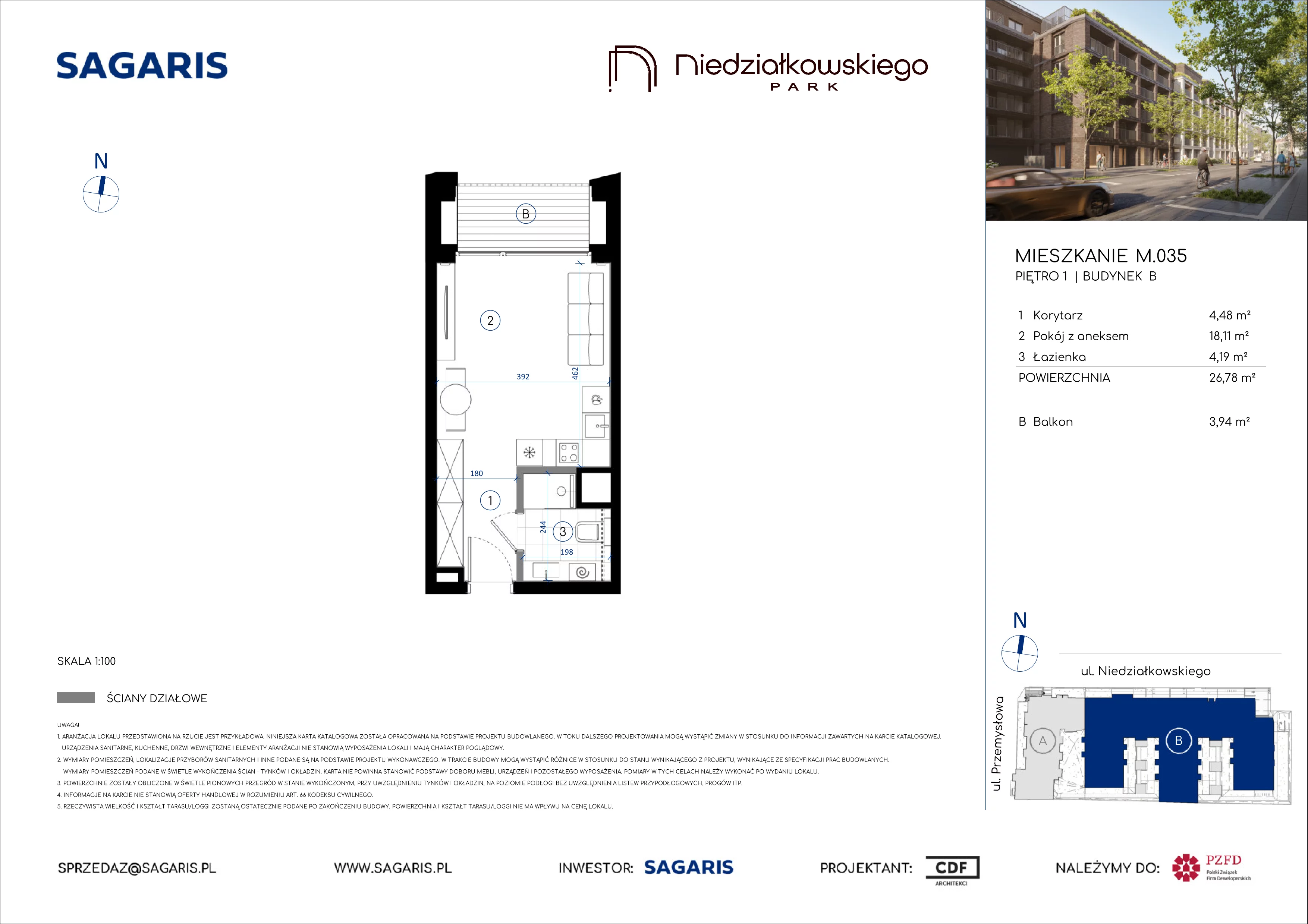 1 pokój, mieszkanie 26,78 m², piętro 1, oferta nr M.035, Niedziałkowskiego Park, Poznań, Wilda, ul. Niedziałkowskiego Park