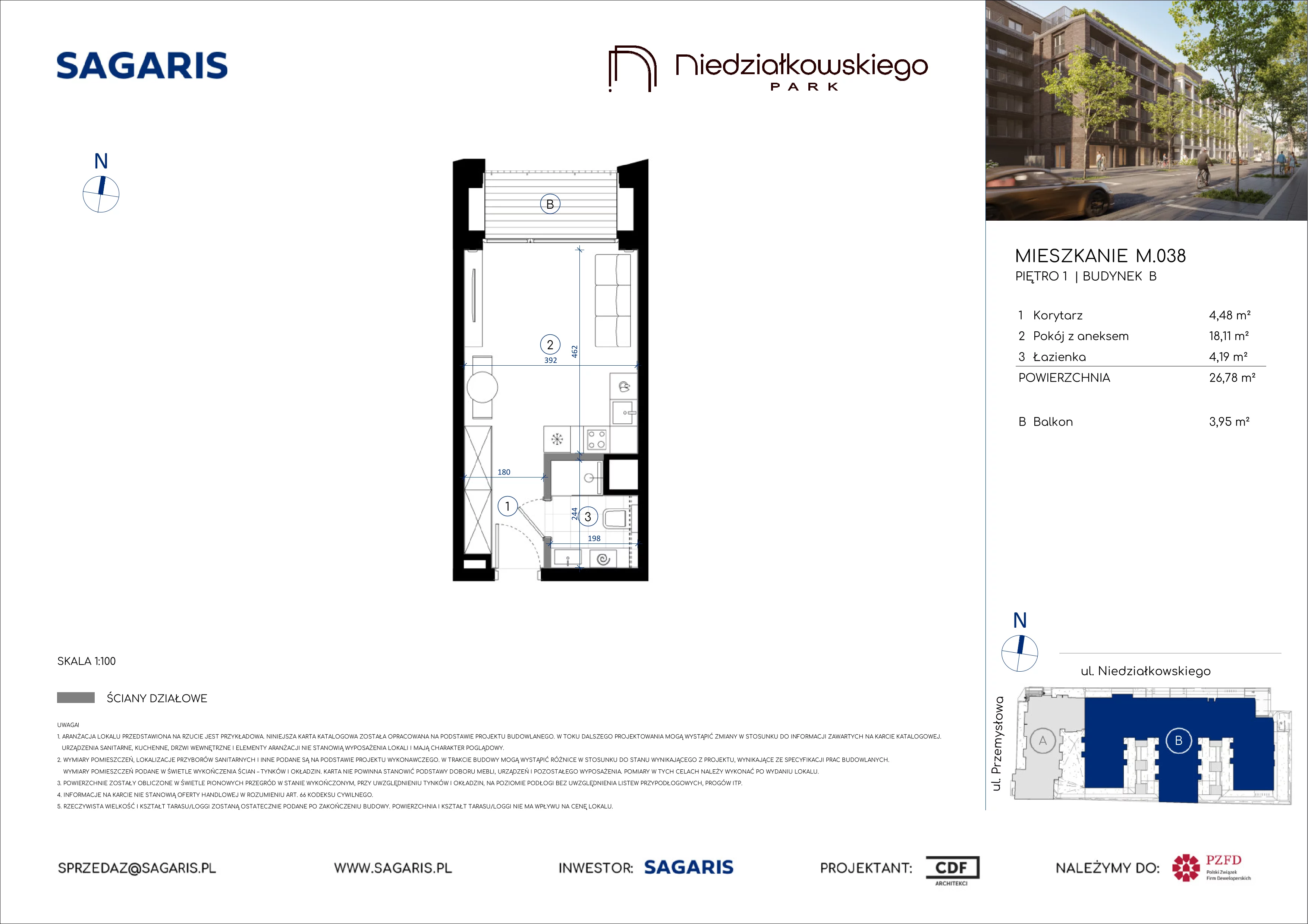 1 pokój, mieszkanie 26,78 m², piętro 1, oferta nr M.038, Niedziałkowskiego Park, Poznań, Wilda, ul. Niedziałkowskiego Park