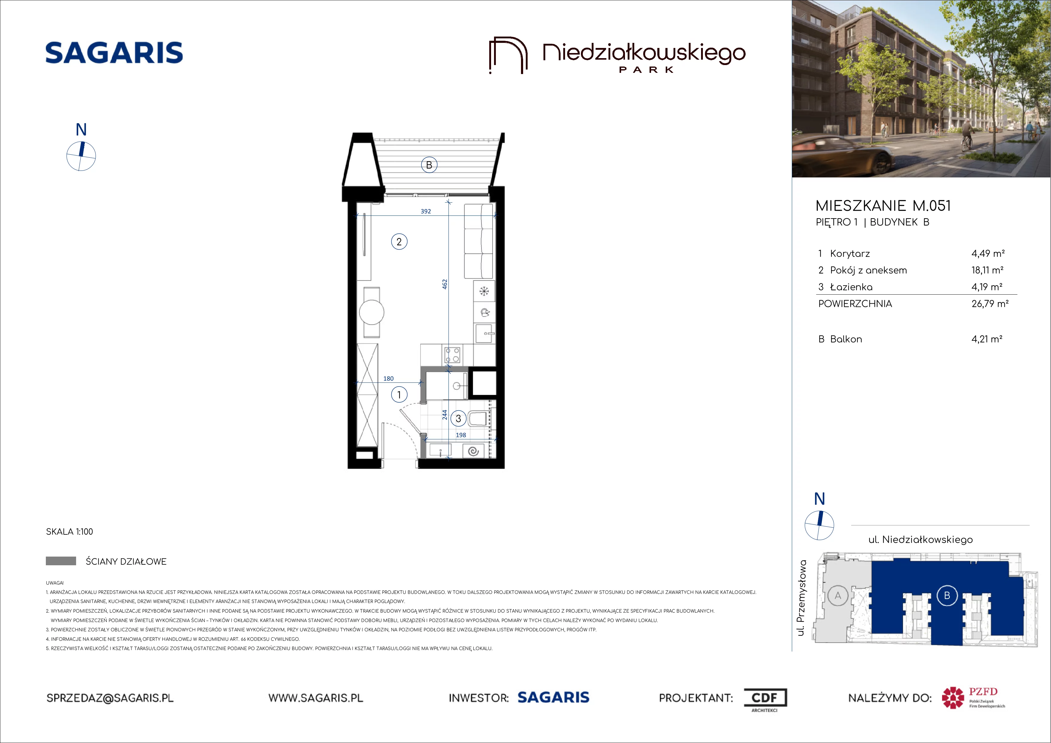1 pokój, mieszkanie 26,79 m², piętro 1, oferta nr M.051, Niedziałkowskiego Park, Poznań, Wilda, ul. Niedziałkowskiego Park