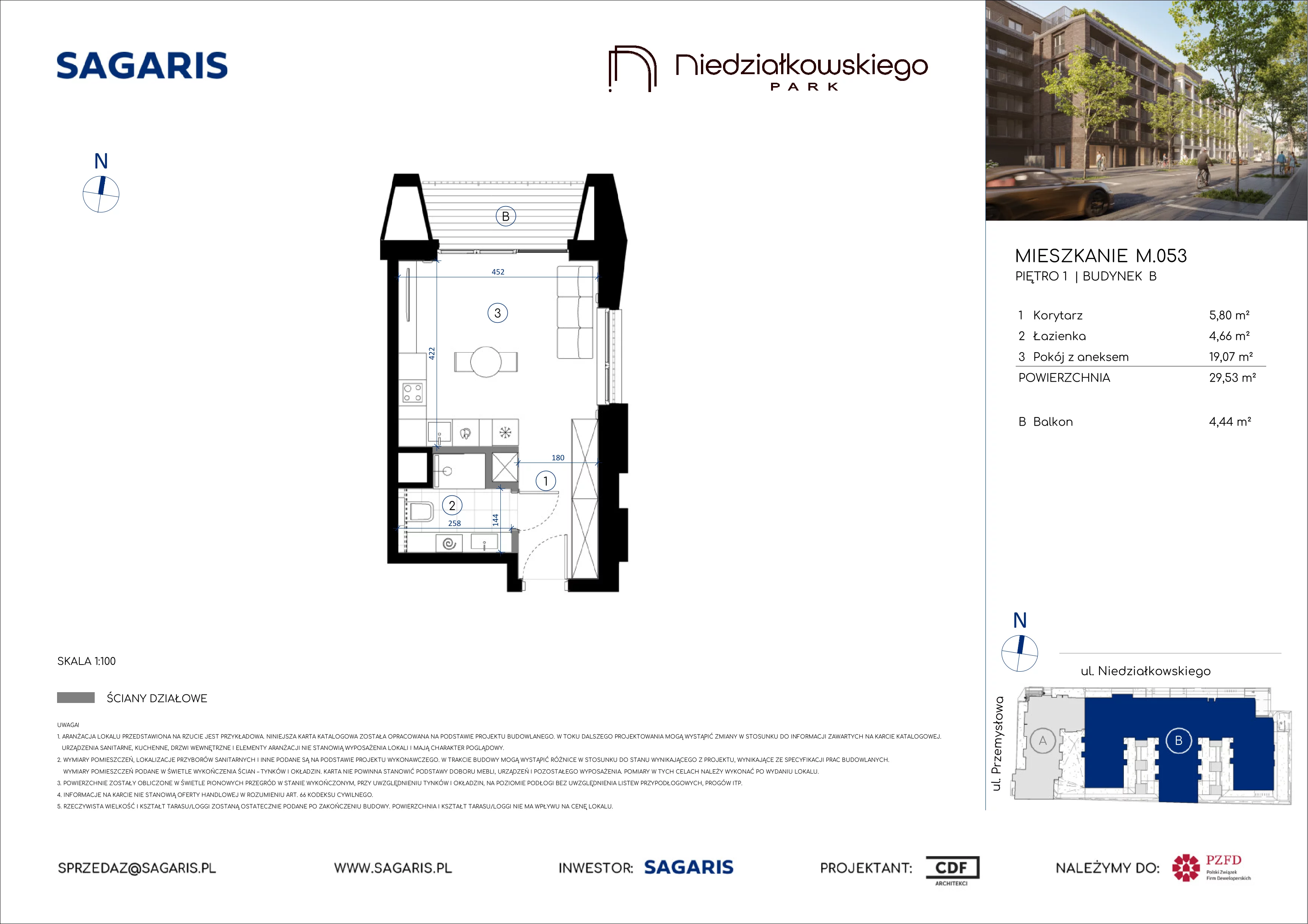 1 pokój, mieszkanie 29,56 m², piętro 1, oferta nr M.053, Niedziałkowskiego Park, Poznań, Wilda, ul. Niedziałkowskiego Park