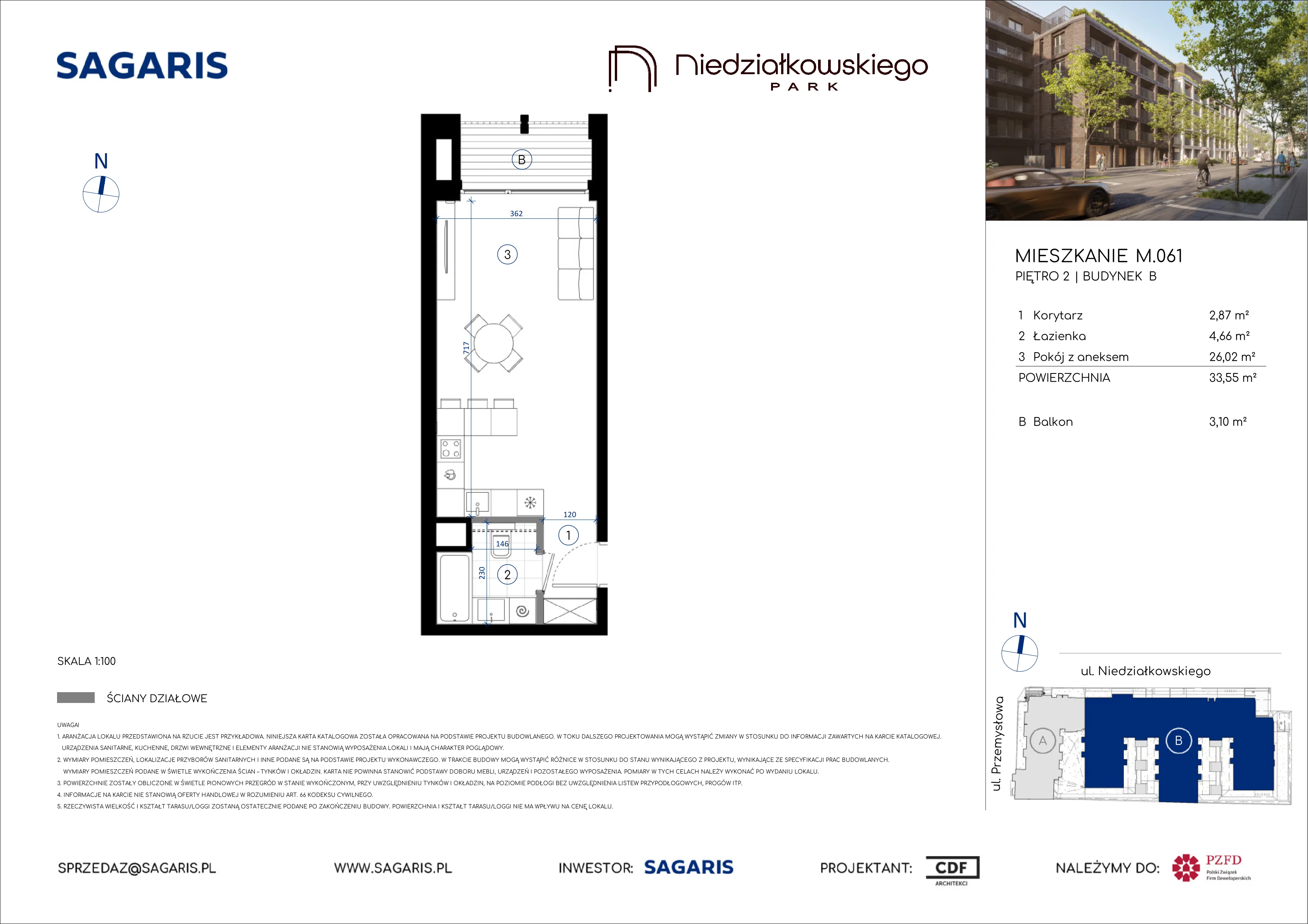 1 pokój, mieszkanie 33,55 m², piętro 2, oferta nr M.061, Niedziałkowskiego Park, Poznań, Wilda, ul. Niedziałkowskiego Park