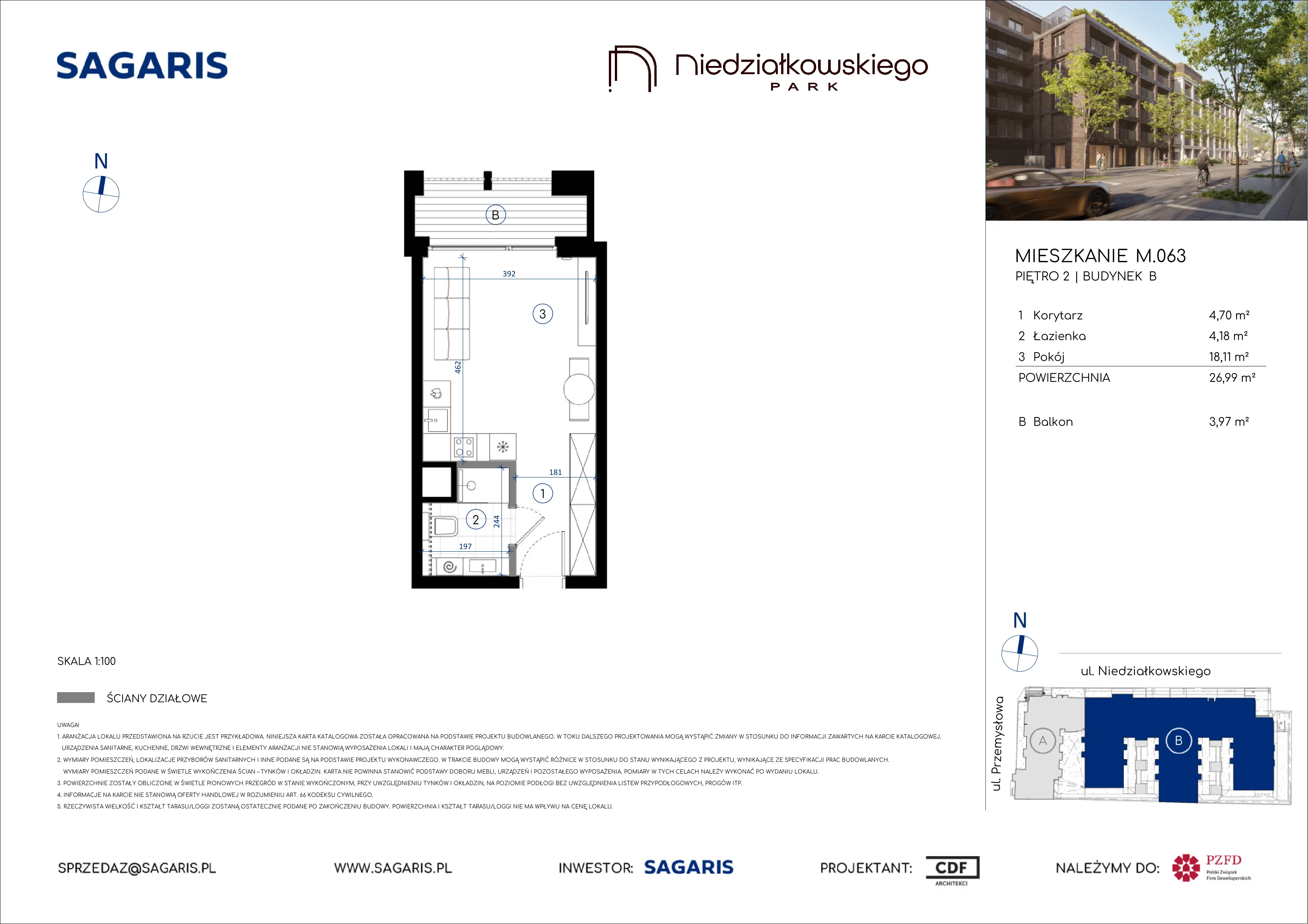 1 pokój, mieszkanie 26,99 m², piętro 2, oferta nr M.063, Niedziałkowskiego Park, Poznań, Wilda, ul. Niedziałkowskiego Park