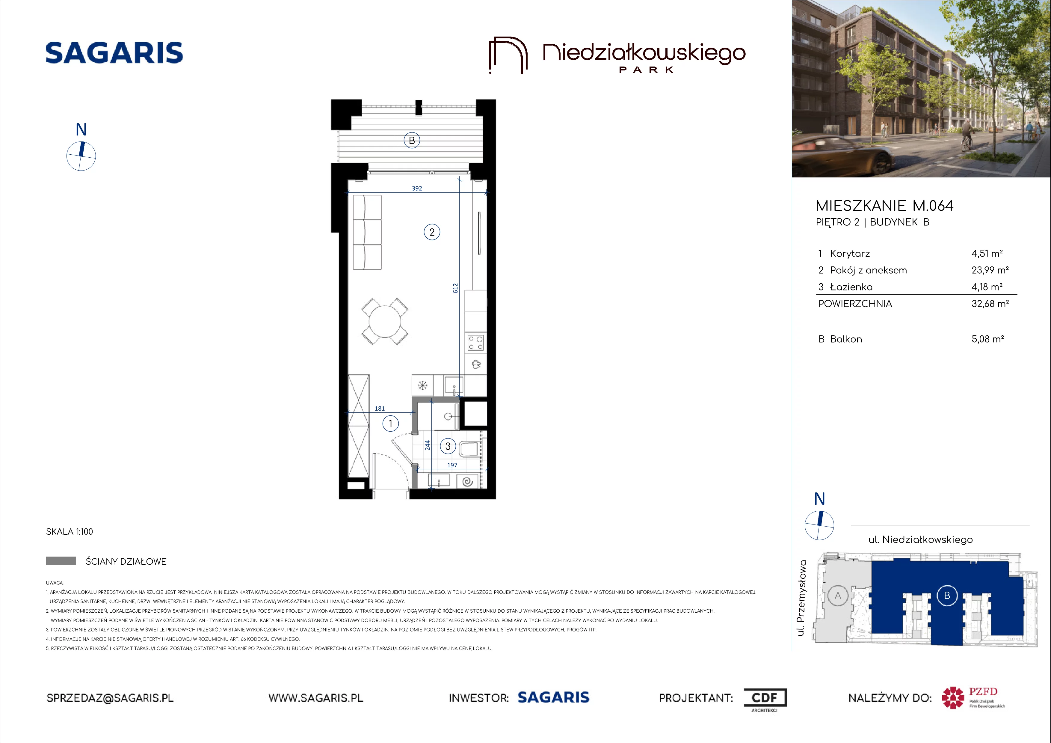 1 pokój, mieszkanie 32,68 m², piętro 2, oferta nr M.064, Niedziałkowskiego Park, Poznań, Wilda, ul. Niedziałkowskiego Park