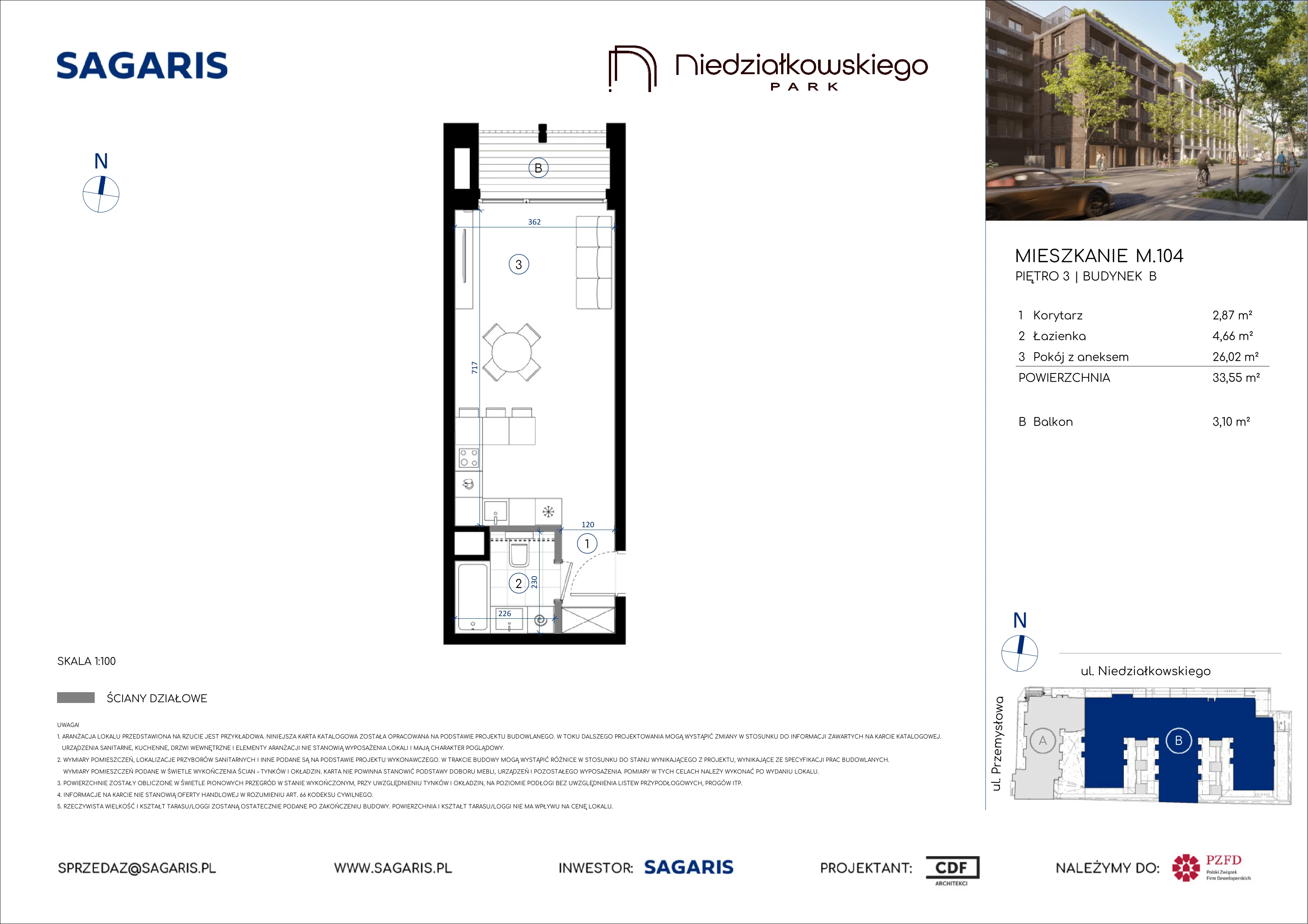 1 pokój, mieszkanie 33,55 m², piętro 3, oferta nr M.104, Niedziałkowskiego Park, Poznań, Wilda, ul. Niedziałkowskiego Park