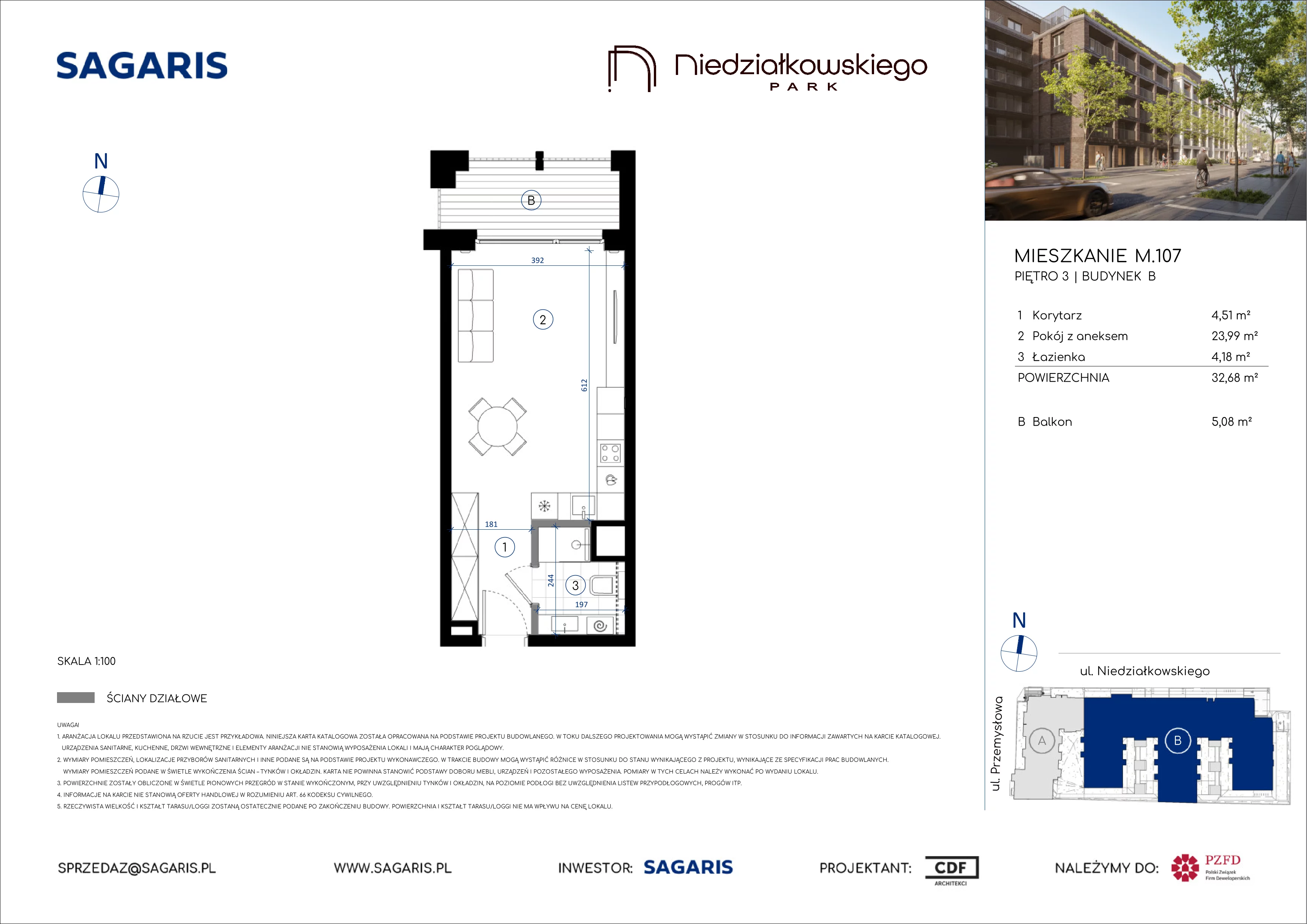 1 pokój, mieszkanie 32,68 m², piętro 3, oferta nr M.107, Niedziałkowskiego Park, Poznań, Wilda, ul. Niedziałkowskiego Park