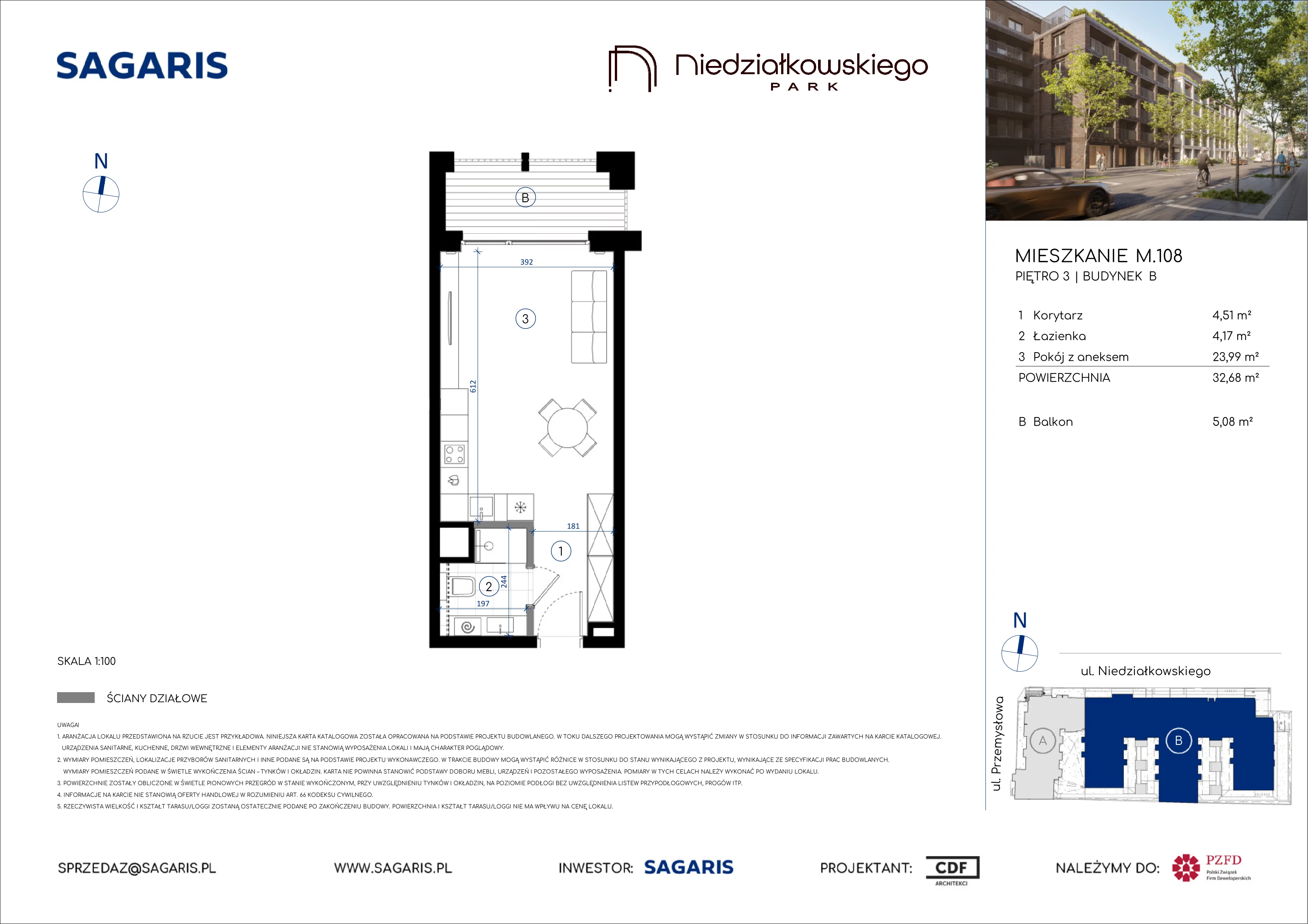 1 pokój, mieszkanie 32,68 m², piętro 3, oferta nr M.108, Niedziałkowskiego Park, Poznań, Wilda, ul. Niedziałkowskiego Park