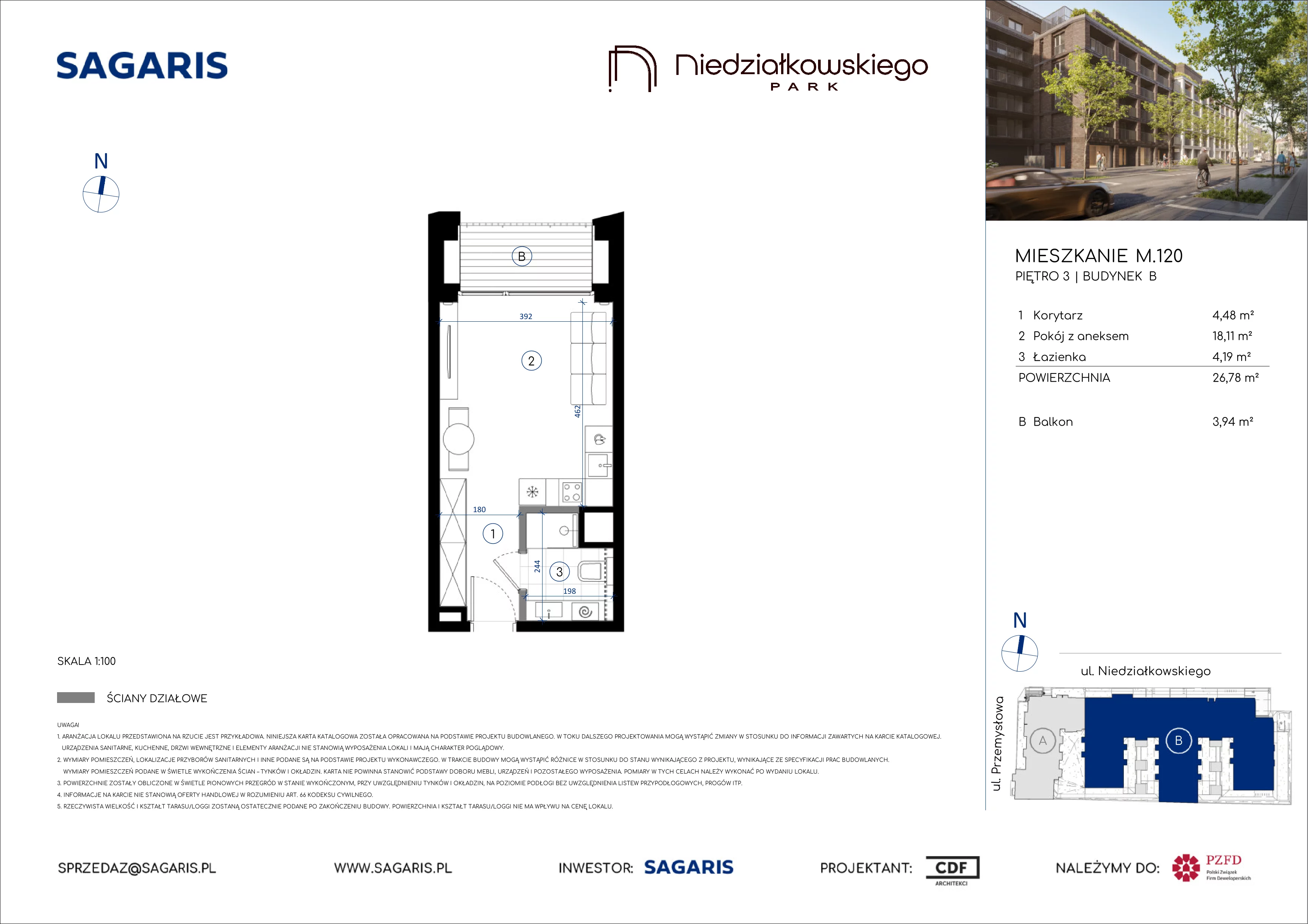 1 pokój, mieszkanie 26,78 m², piętro 3, oferta nr M.120, Niedziałkowskiego Park, Poznań, Wilda, ul. Niedziałkowskiego Park