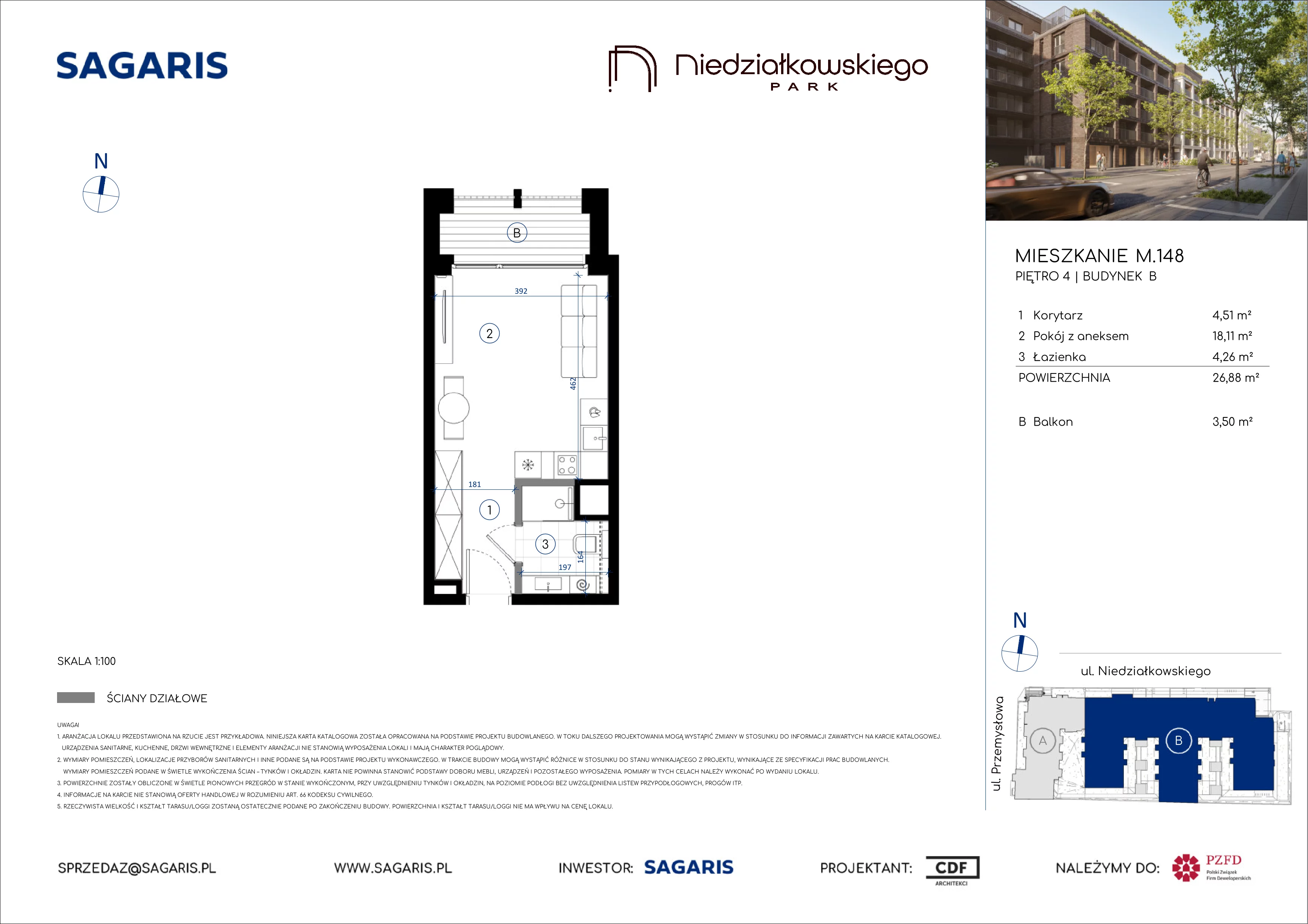 1 pokój, mieszkanie 26,88 m², piętro 4, oferta nr M.148, Niedziałkowskiego Park, Poznań, Wilda, ul. Niedziałkowskiego Park