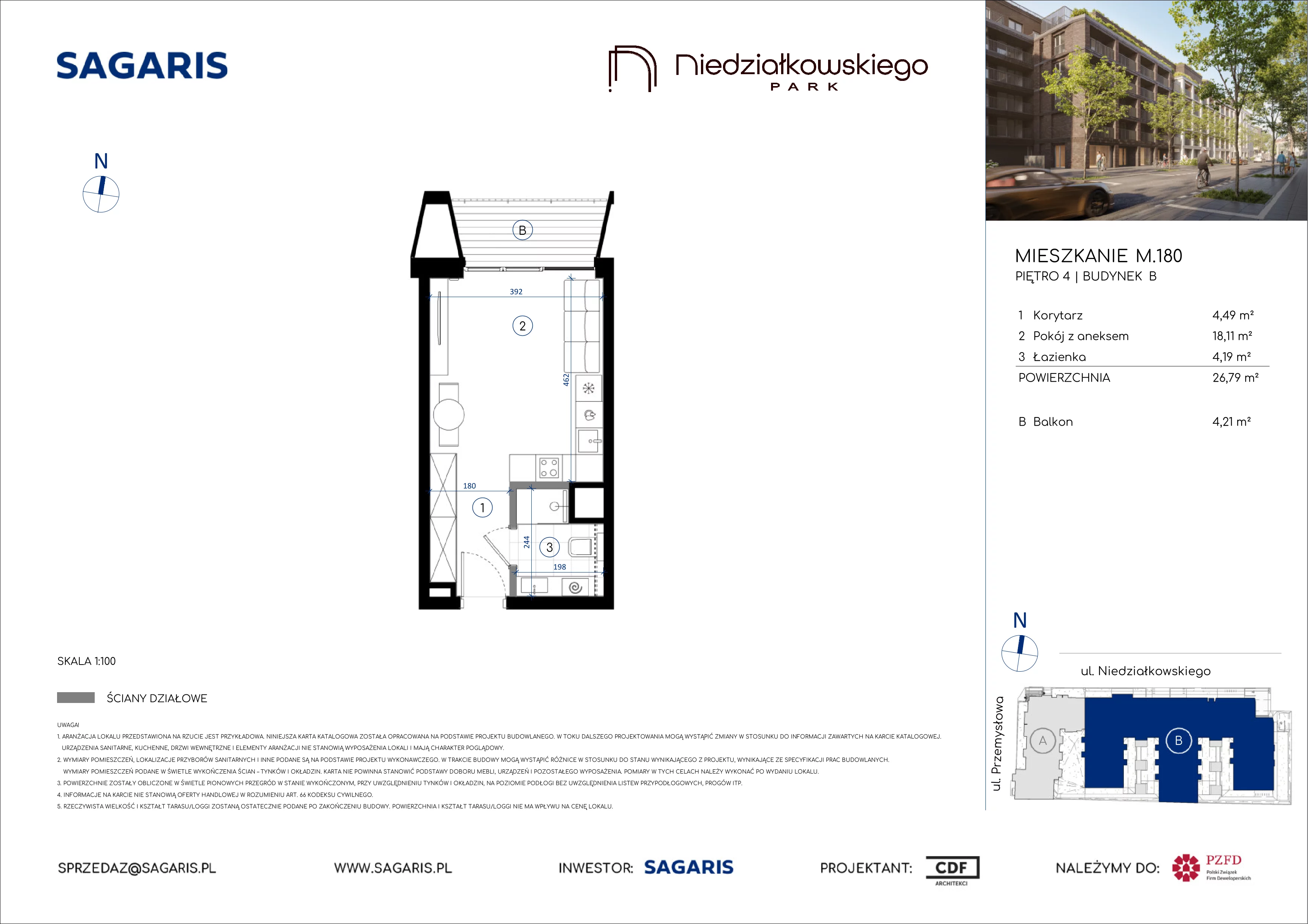 1 pokój, mieszkanie 26,79 m², piętro 4, oferta nr M.180, Niedziałkowskiego Park, Poznań, Wilda, ul. Niedziałkowskiego Park