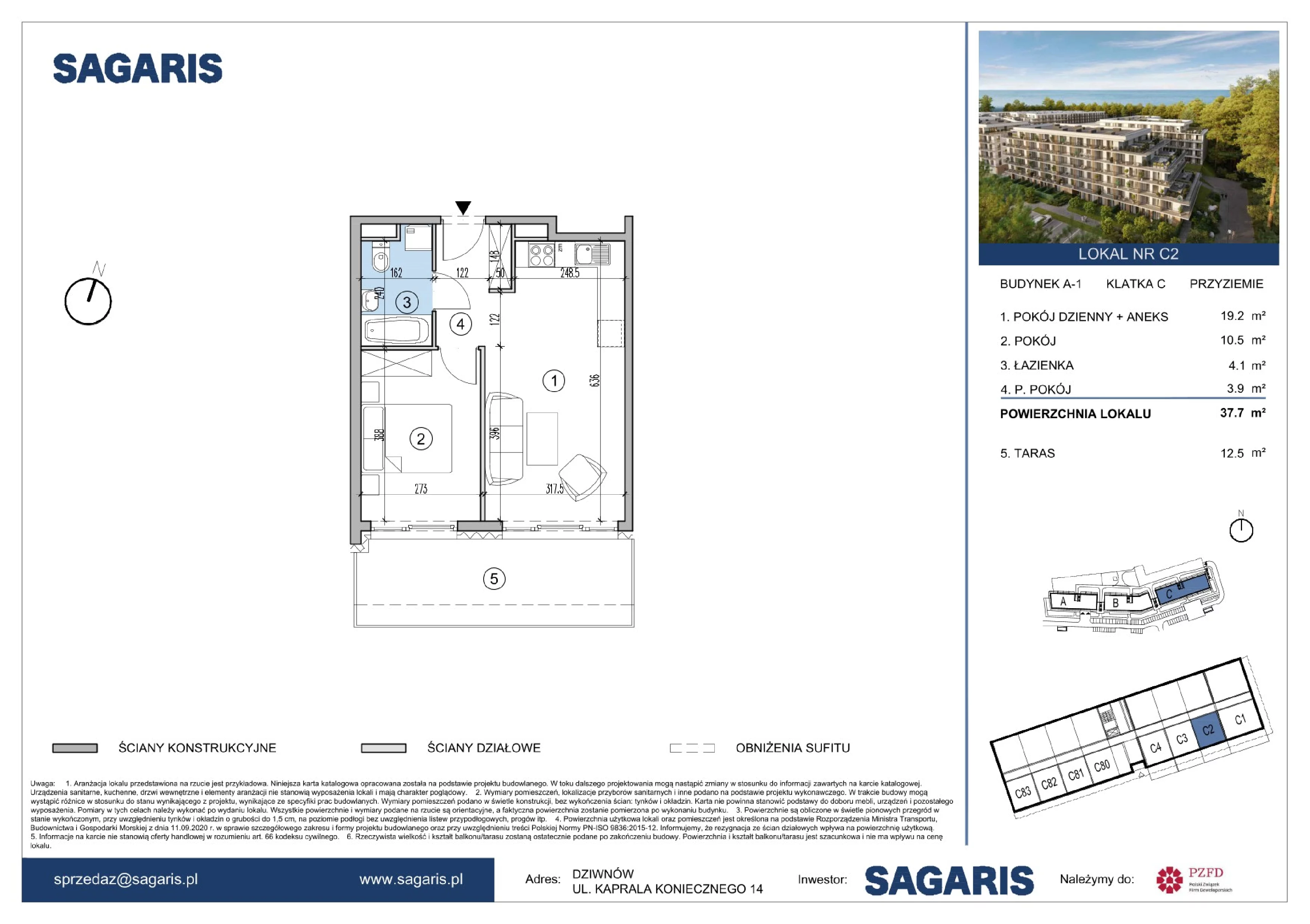 2 pokoje, apartament 37,70 m², przyziemie, oferta nr C2, ESSENSE Baltic Resort, Dziwnów, ul. Kaprala Koniecznego 14