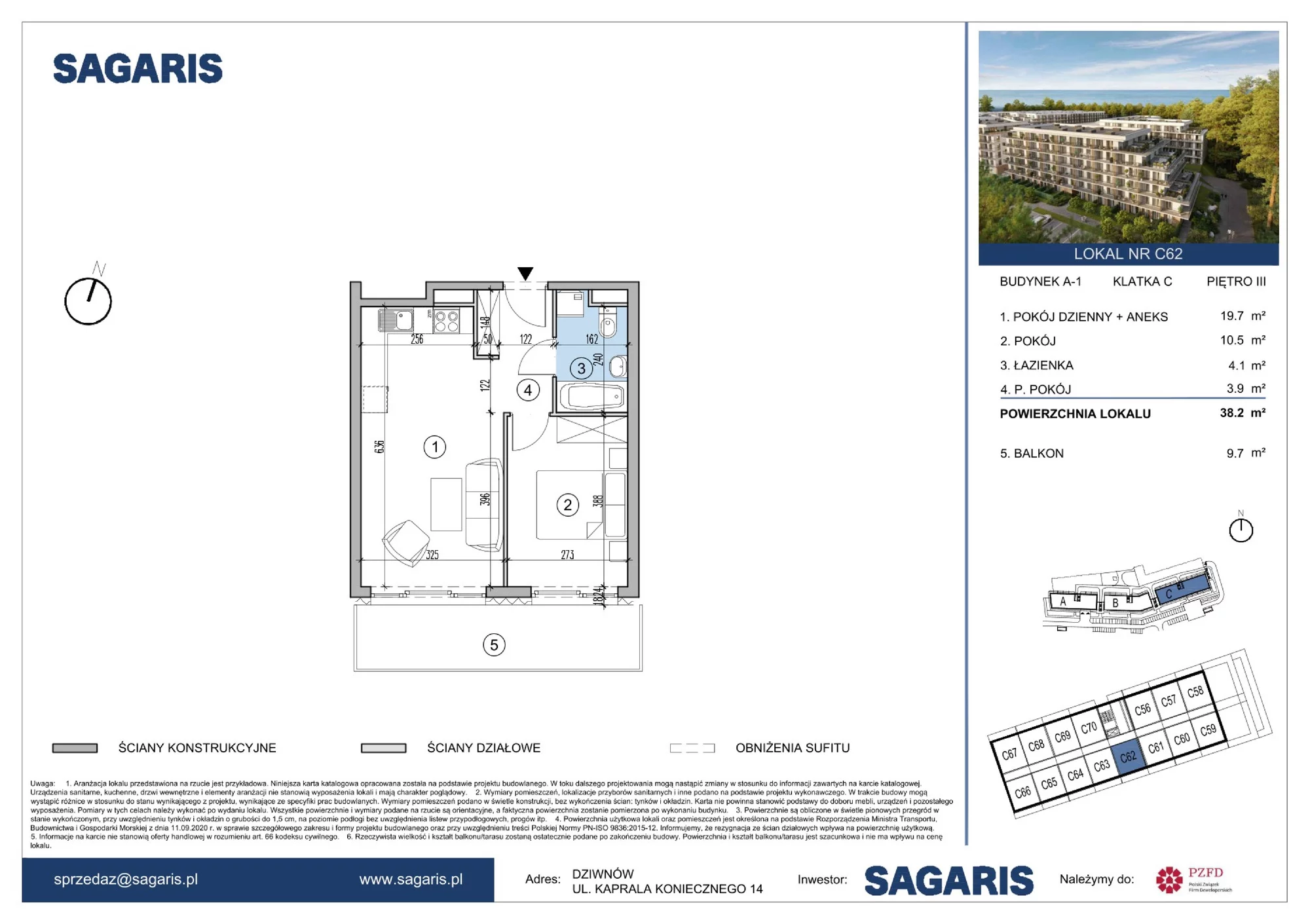 Apartament 38,20 m², piętro 3, oferta nr C62, ESSENSE Baltic Resort, Dziwnów, ul. Kaprala Koniecznego 14-idx