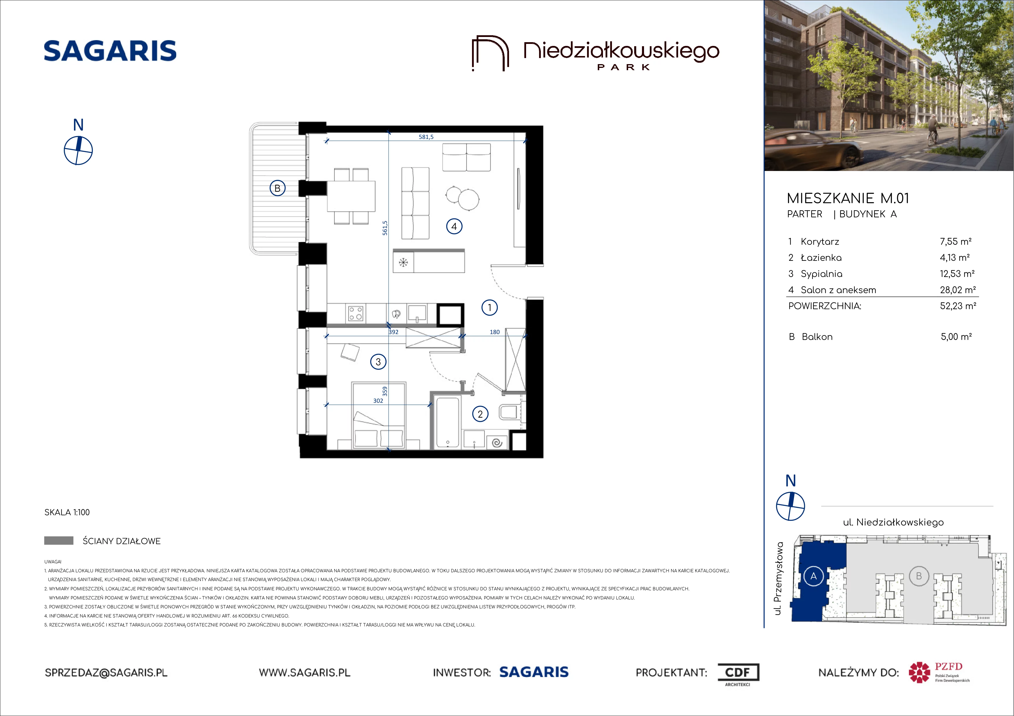 2 pokoje, mieszkanie 52,23 m², parter, oferta nr M.01, Niedziałkowskiego Park, Poznań, Wilda, ul. Niedziałkowskiego Park
