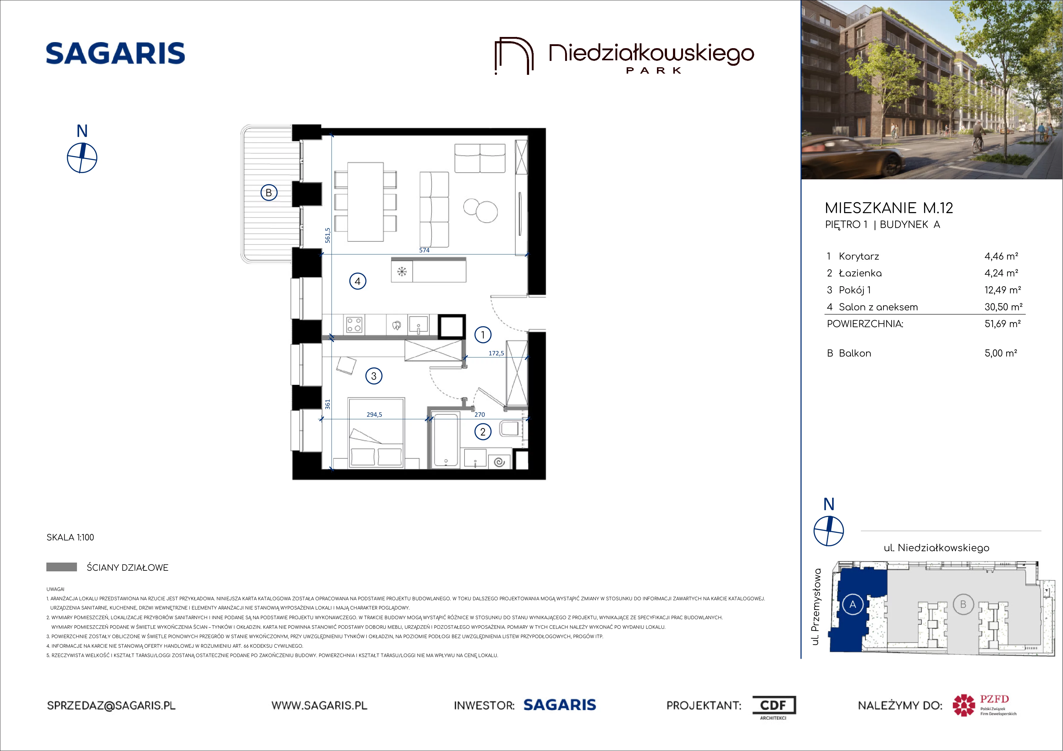 2 pokoje, mieszkanie 51,69 m², piętro 1, oferta nr M.12, Niedziałkowskiego Park, Poznań, Wilda, ul. Niedziałkowskiego Park