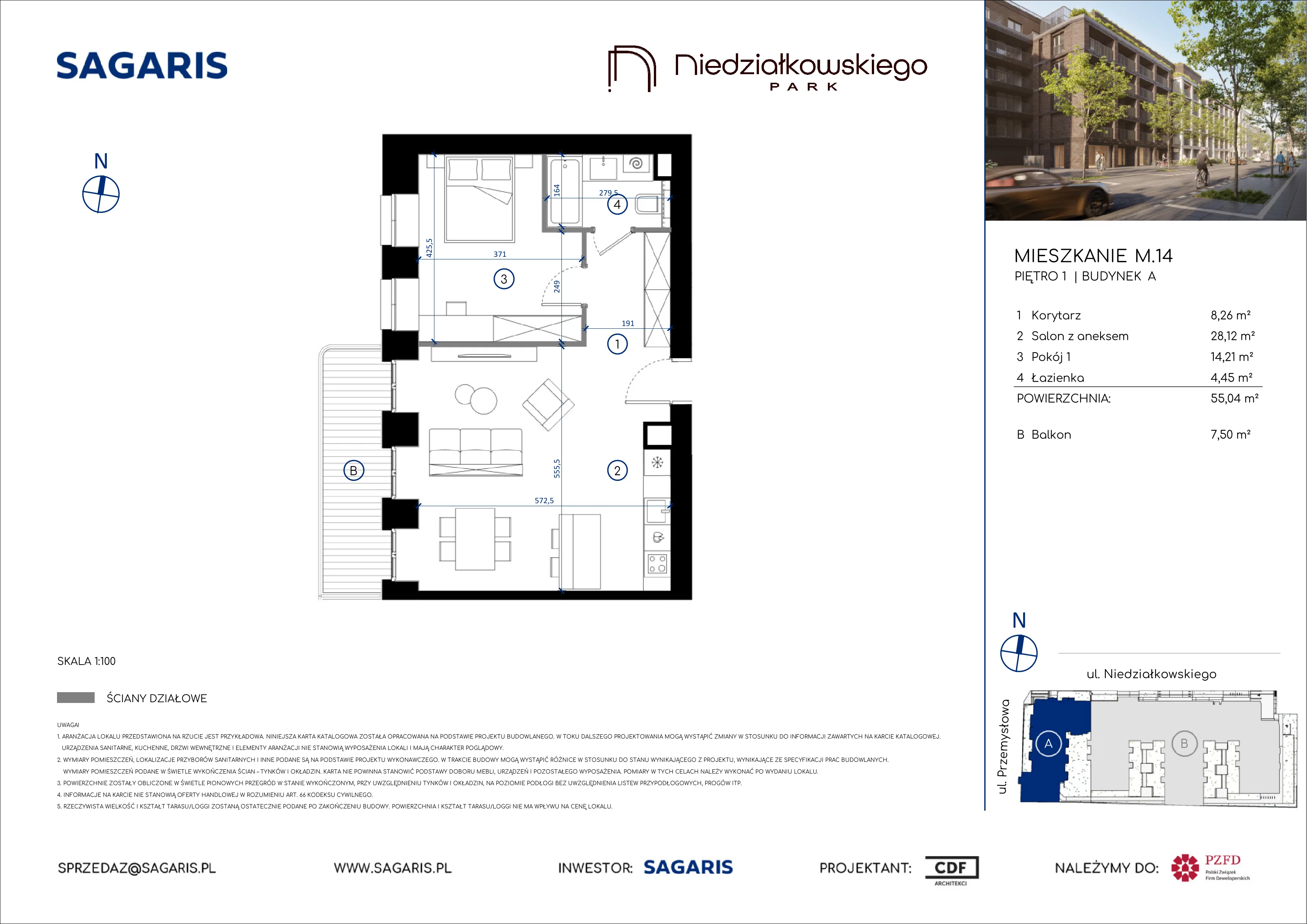 2 pokoje, mieszkanie 55,04 m², piętro 1, oferta nr M.14, Niedziałkowskiego Park, Poznań, Wilda, ul. Niedziałkowskiego Park