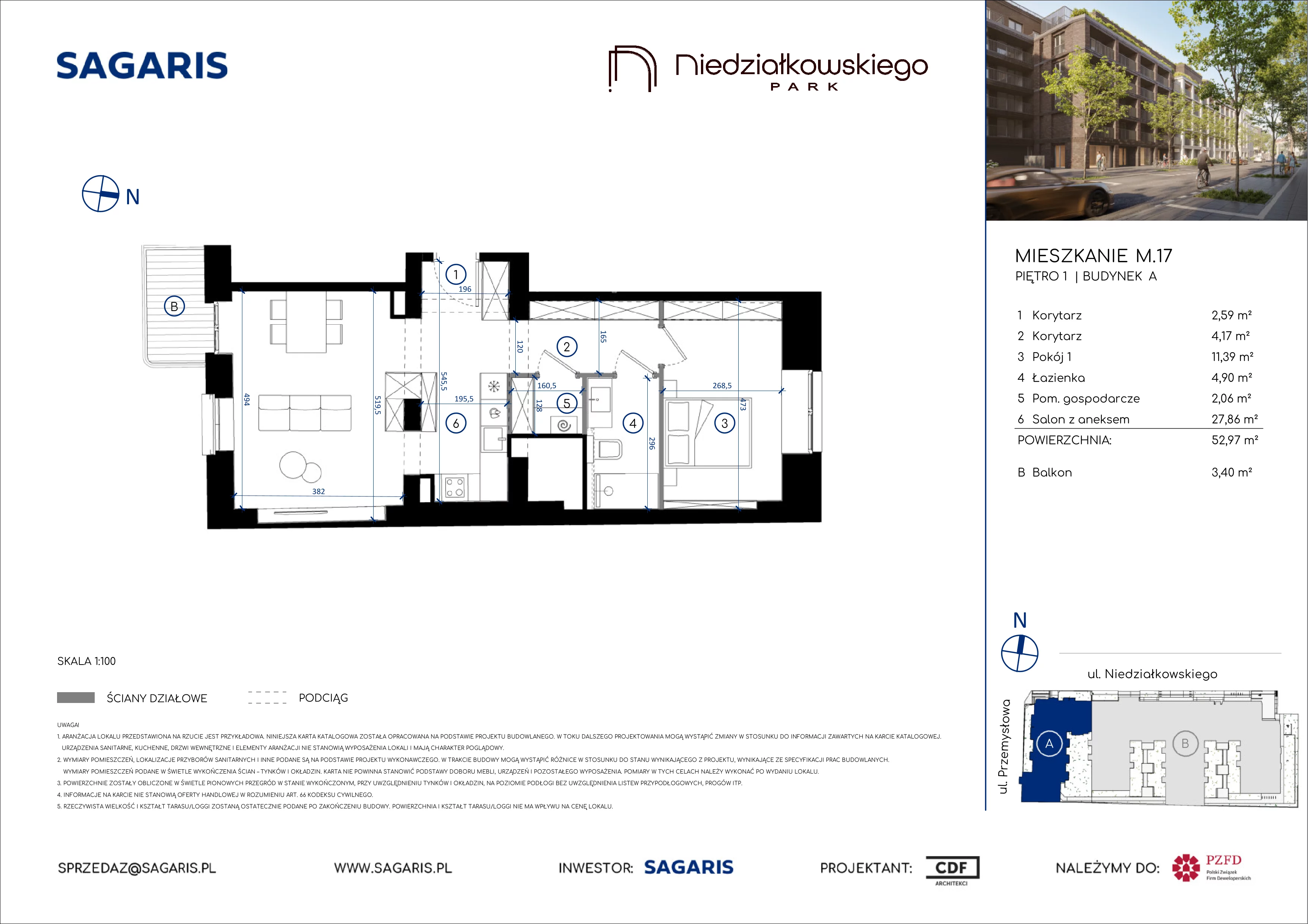 2 pokoje, mieszkanie 52,97 m², piętro 1, oferta nr M.17, Niedziałkowskiego Park, Poznań, Wilda, ul. Niedziałkowskiego Park
