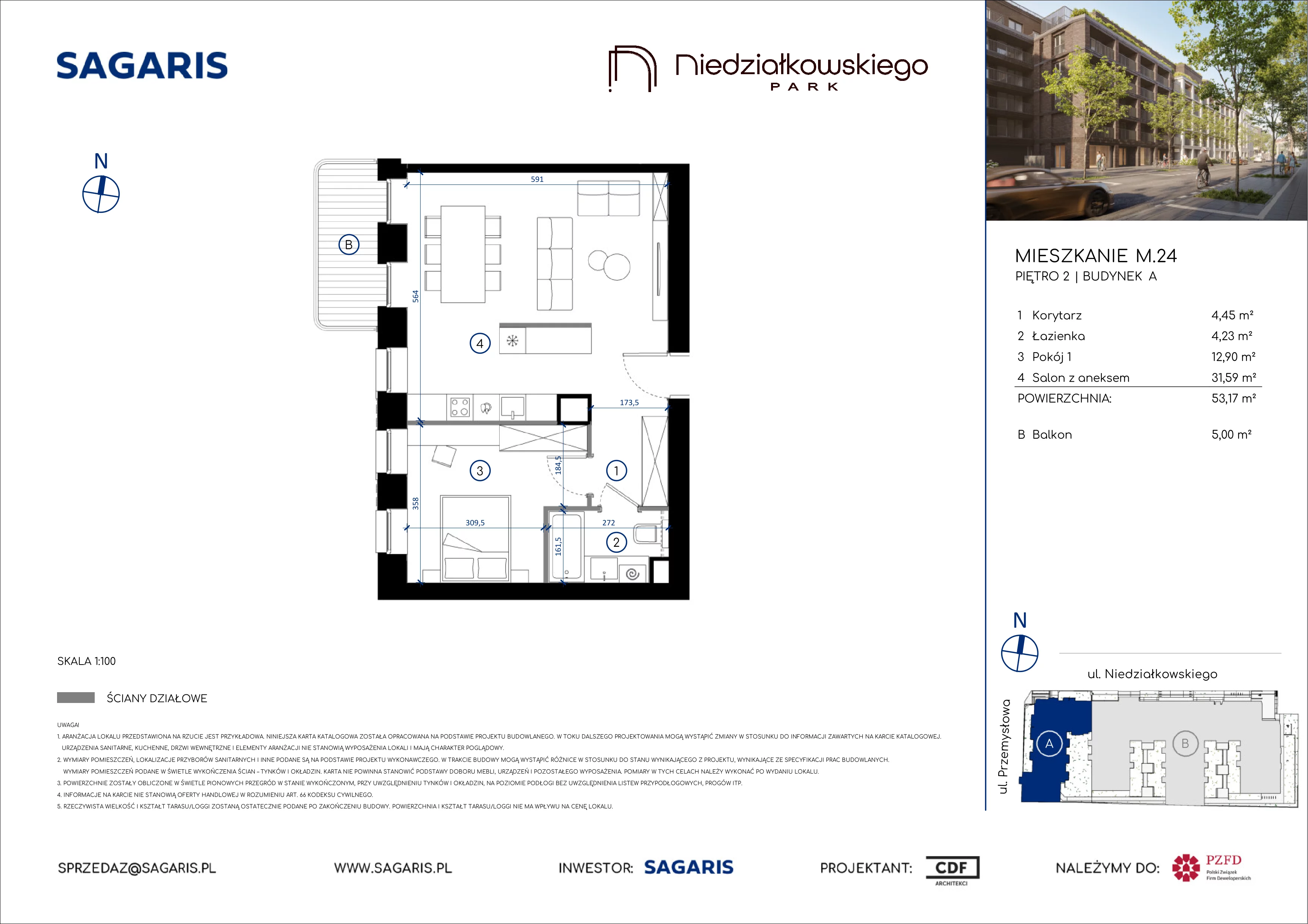 2 pokoje, mieszkanie 53,17 m², piętro 2, oferta nr M.24, Niedziałkowskiego Park, Poznań, Wilda, ul. Niedziałkowskiego Park