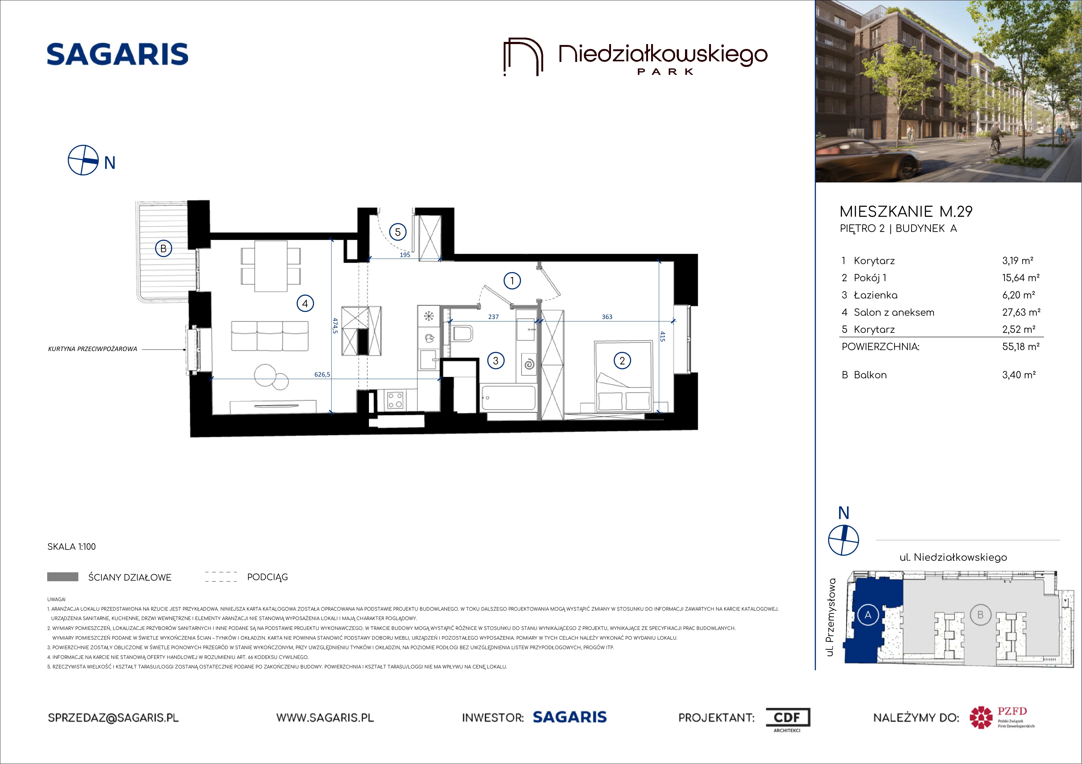 2 pokoje, mieszkanie 55,18 m², piętro 2, oferta nr M.29, Niedziałkowskiego Park, Poznań, Wilda, ul. Niedziałkowskiego Park