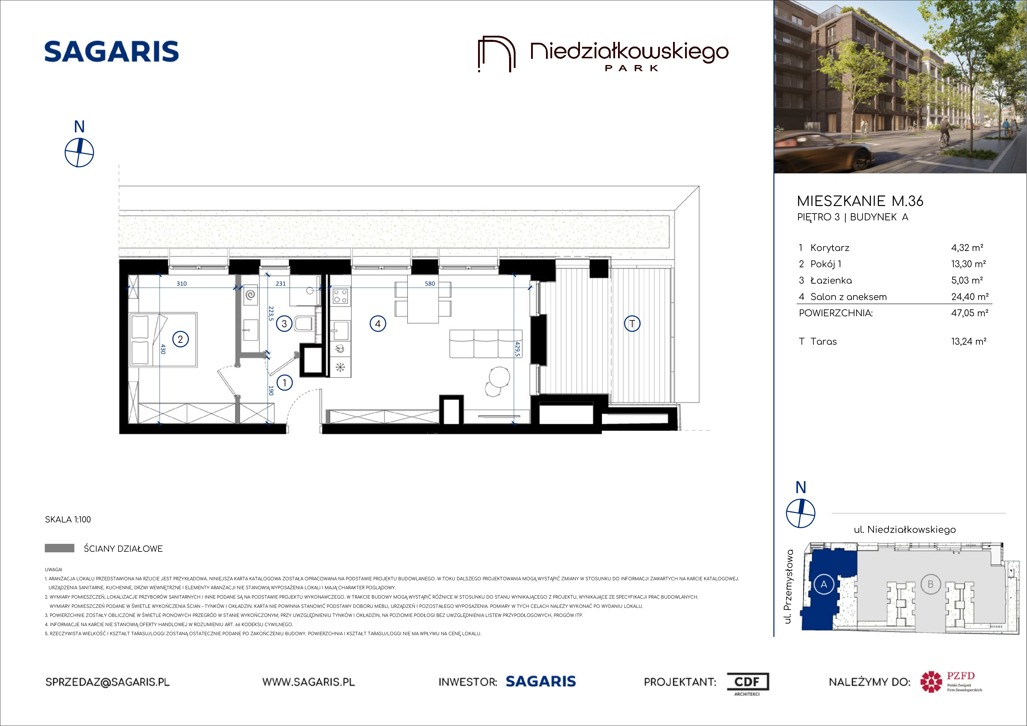 2 pokoje, mieszkanie 47,05 m², piętro 3, oferta nr M.36, Niedziałkowskiego Park, Poznań, Wilda, ul. Niedziałkowskiego Park