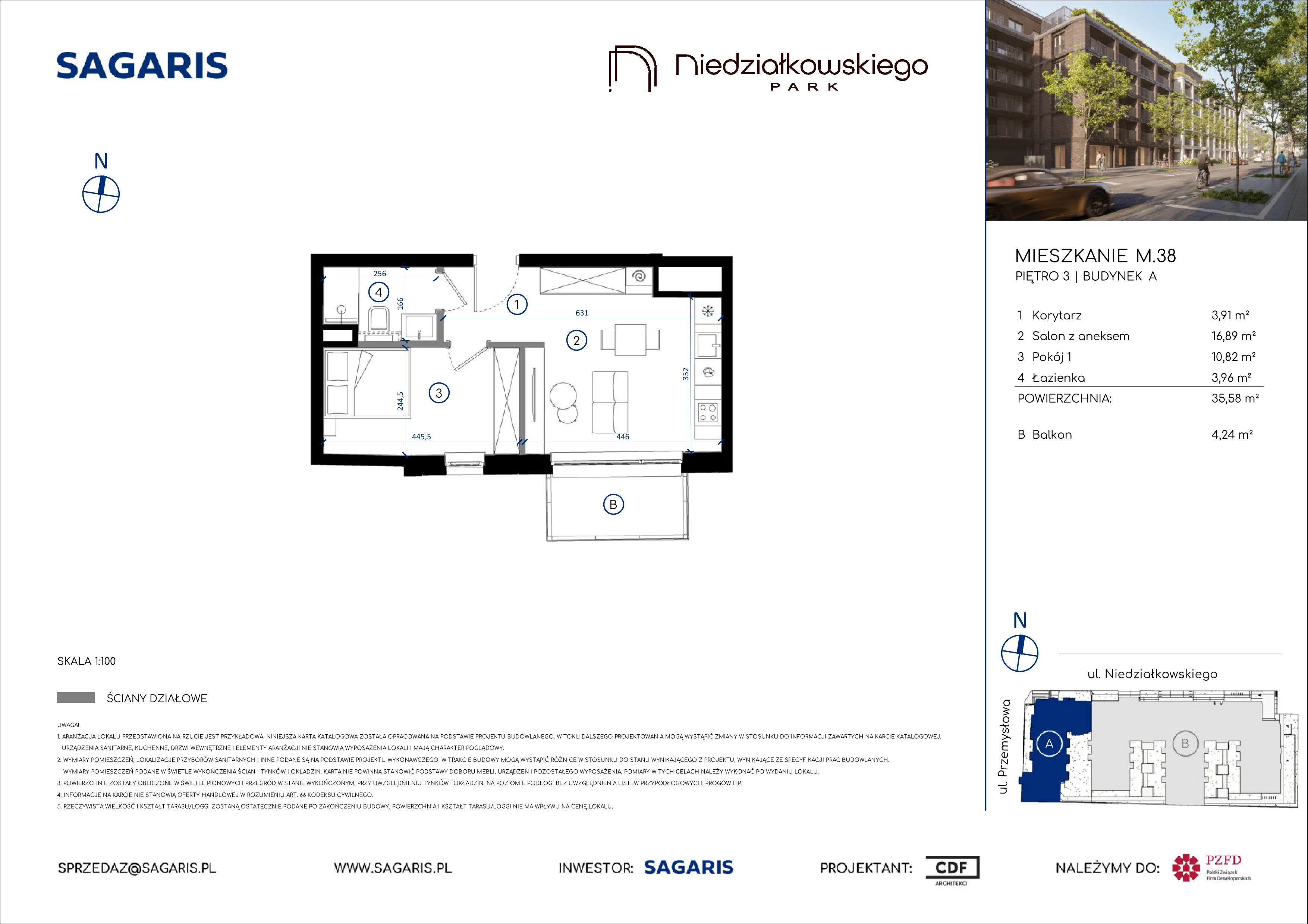 2 pokoje, mieszkanie 35,58 m², piętro 3, oferta nr M.38, Niedziałkowskiego Park, Poznań, Wilda, ul. Niedziałkowskiego Park
