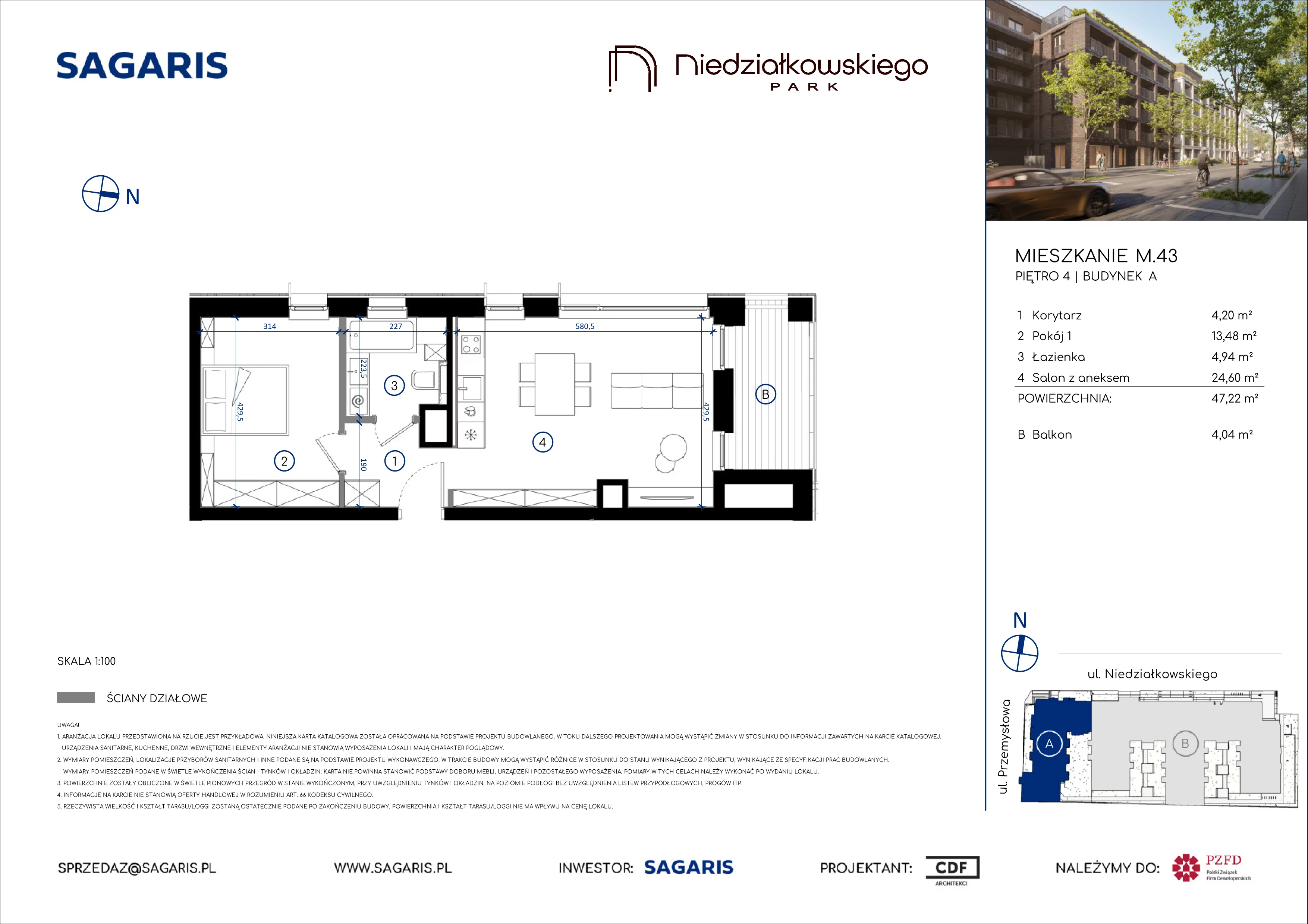 2 pokoje, mieszkanie 47,22 m², piętro 4, oferta nr M.43, Niedziałkowskiego Park, Poznań, Wilda, ul. Niedziałkowskiego Park