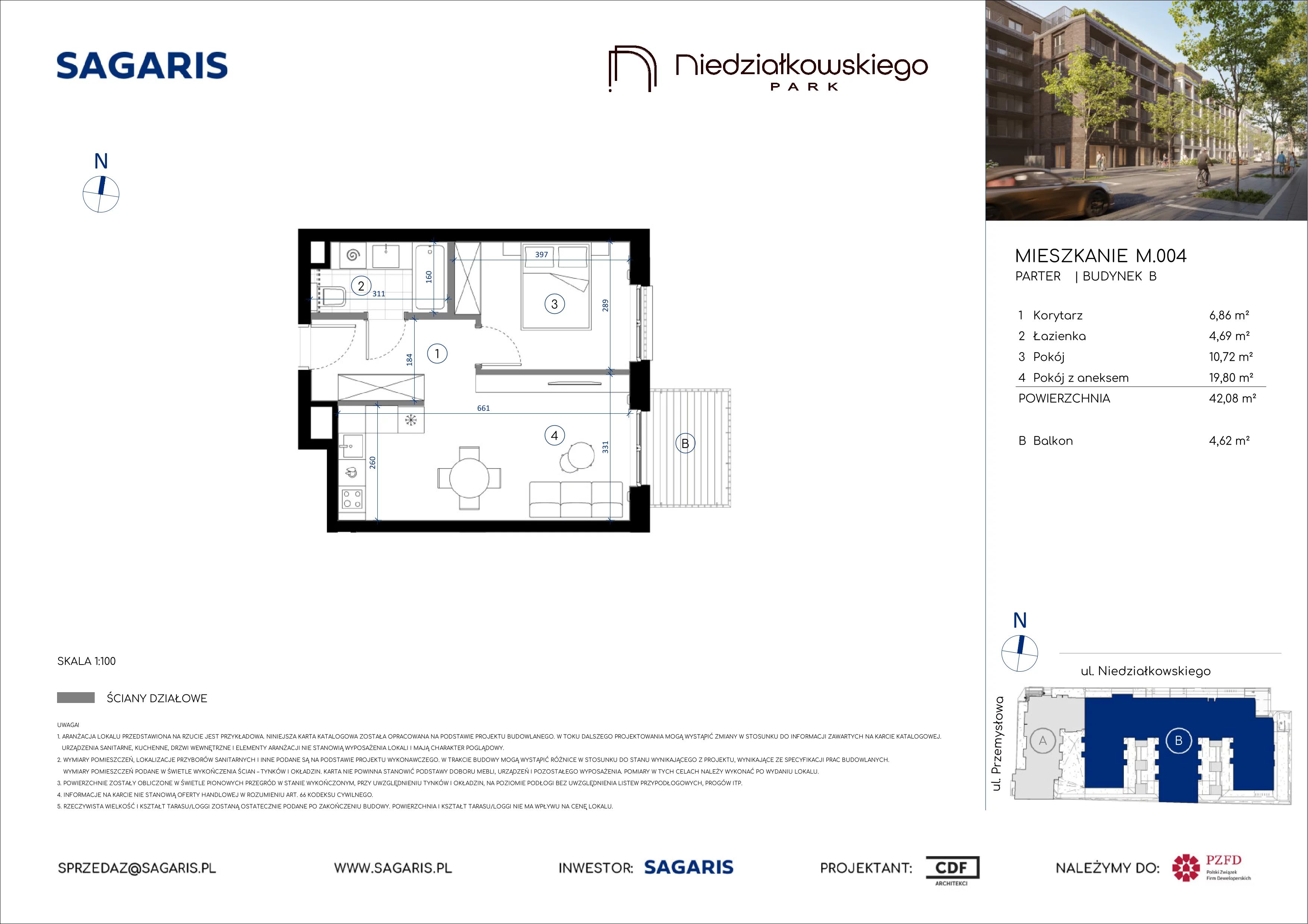 2 pokoje, mieszkanie 42,08 m², parter, oferta nr M.004, Niedziałkowskiego Park, Poznań, Wilda, ul. Niedziałkowskiego Park