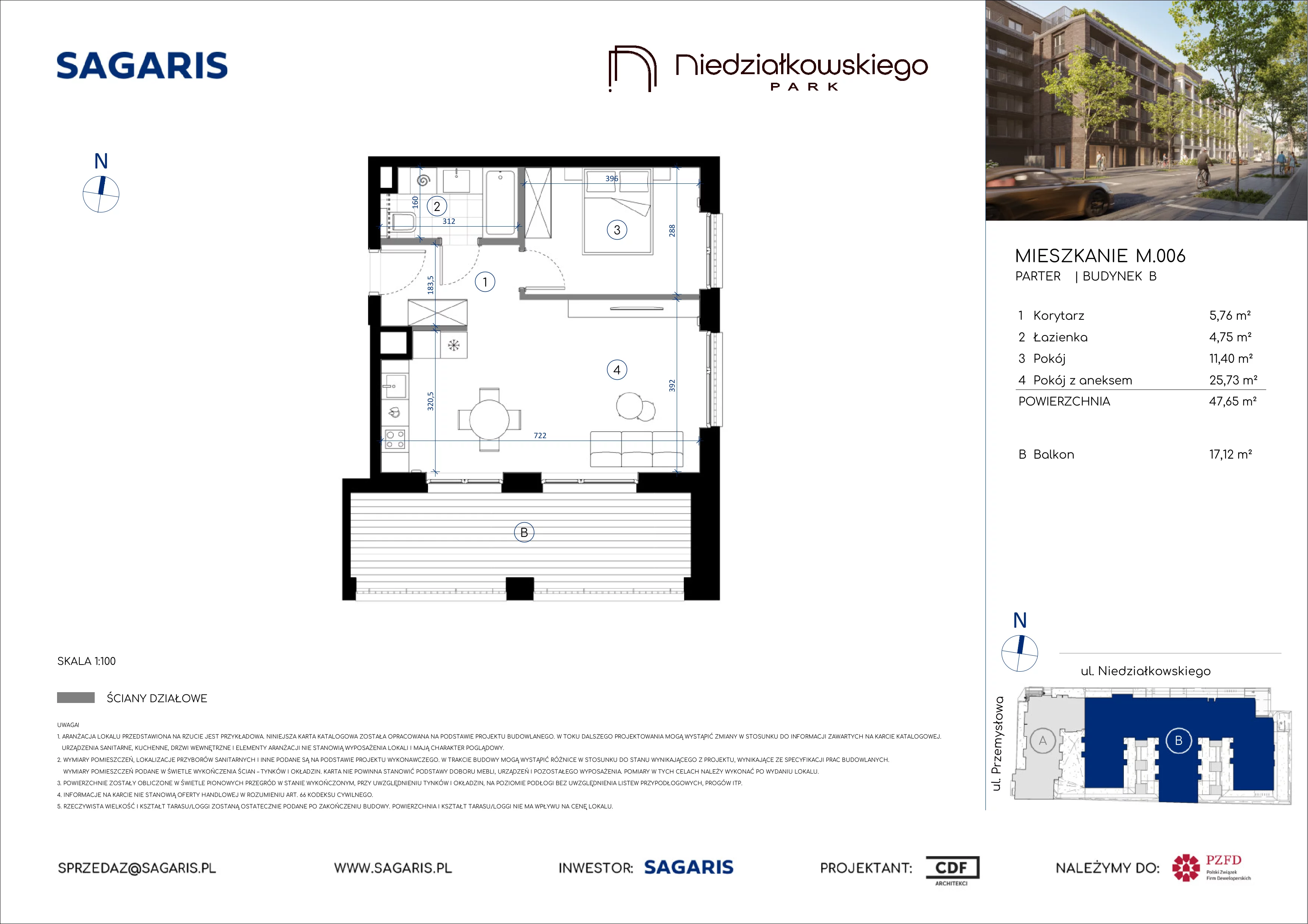 2 pokoje, mieszkanie 47,65 m², parter, oferta nr M.006, Niedziałkowskiego Park, Poznań, Wilda, ul. Niedziałkowskiego Park