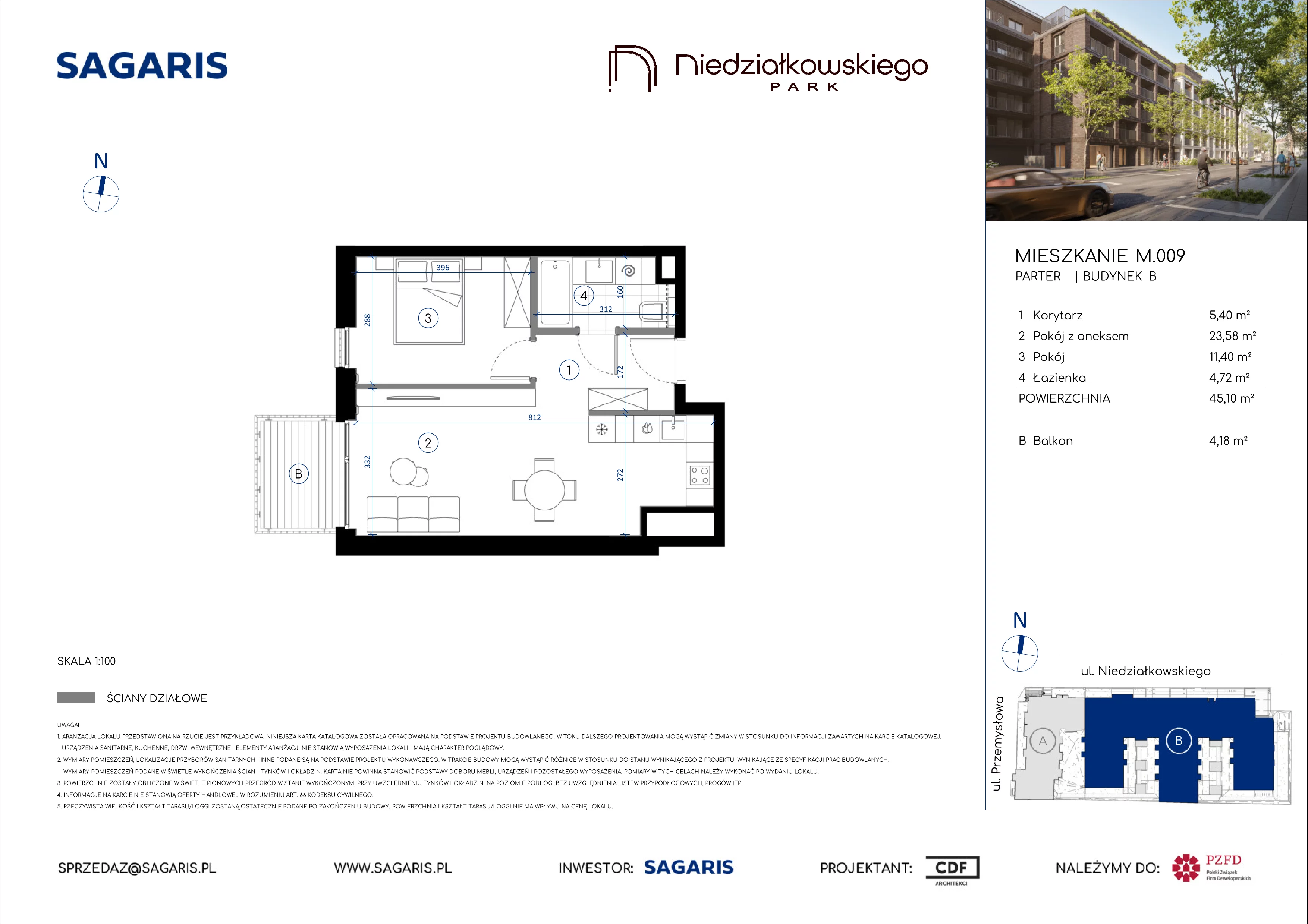 2 pokoje, mieszkanie 45,10 m², parter, oferta nr M.009, Niedziałkowskiego Park, Poznań, Wilda, ul. Niedziałkowskiego Park