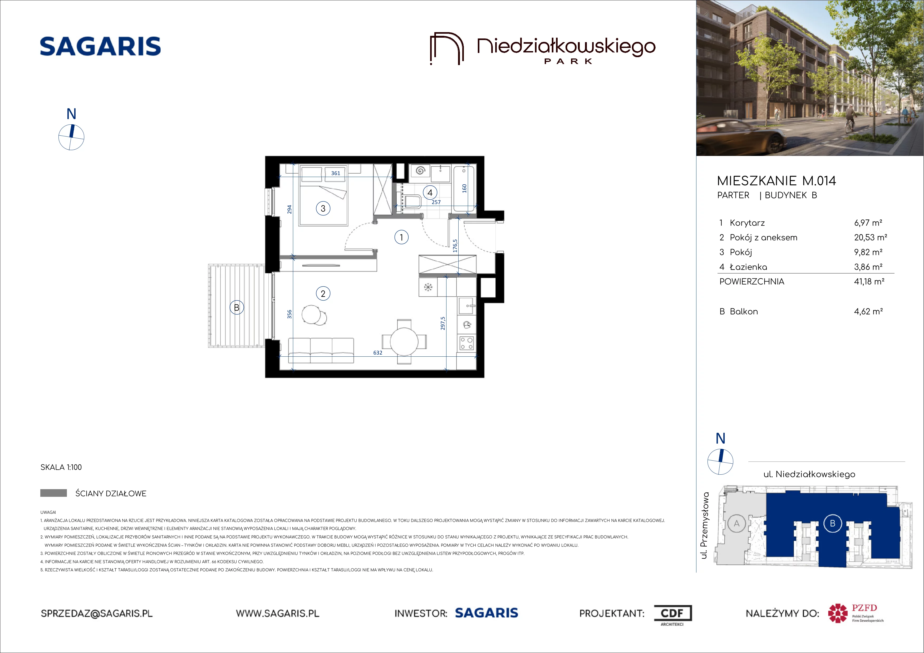 2 pokoje, mieszkanie 41,18 m², parter, oferta nr M.014, Niedziałkowskiego Park, Poznań, Wilda, ul. Niedziałkowskiego Park