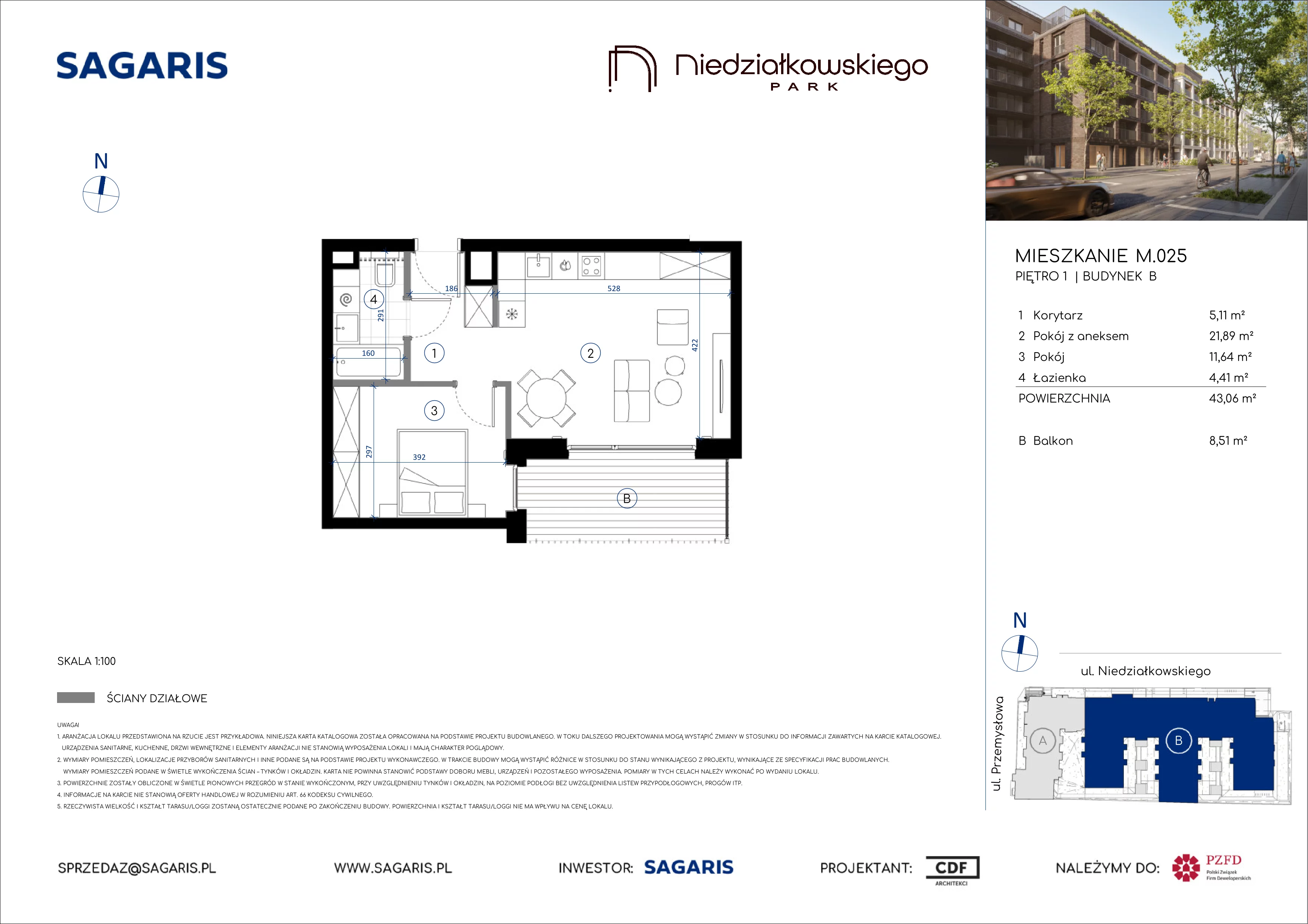 2 pokoje, mieszkanie 43,06 m², piętro 1, oferta nr M.025, Niedziałkowskiego Park, Poznań, Wilda, ul. Niedziałkowskiego Park