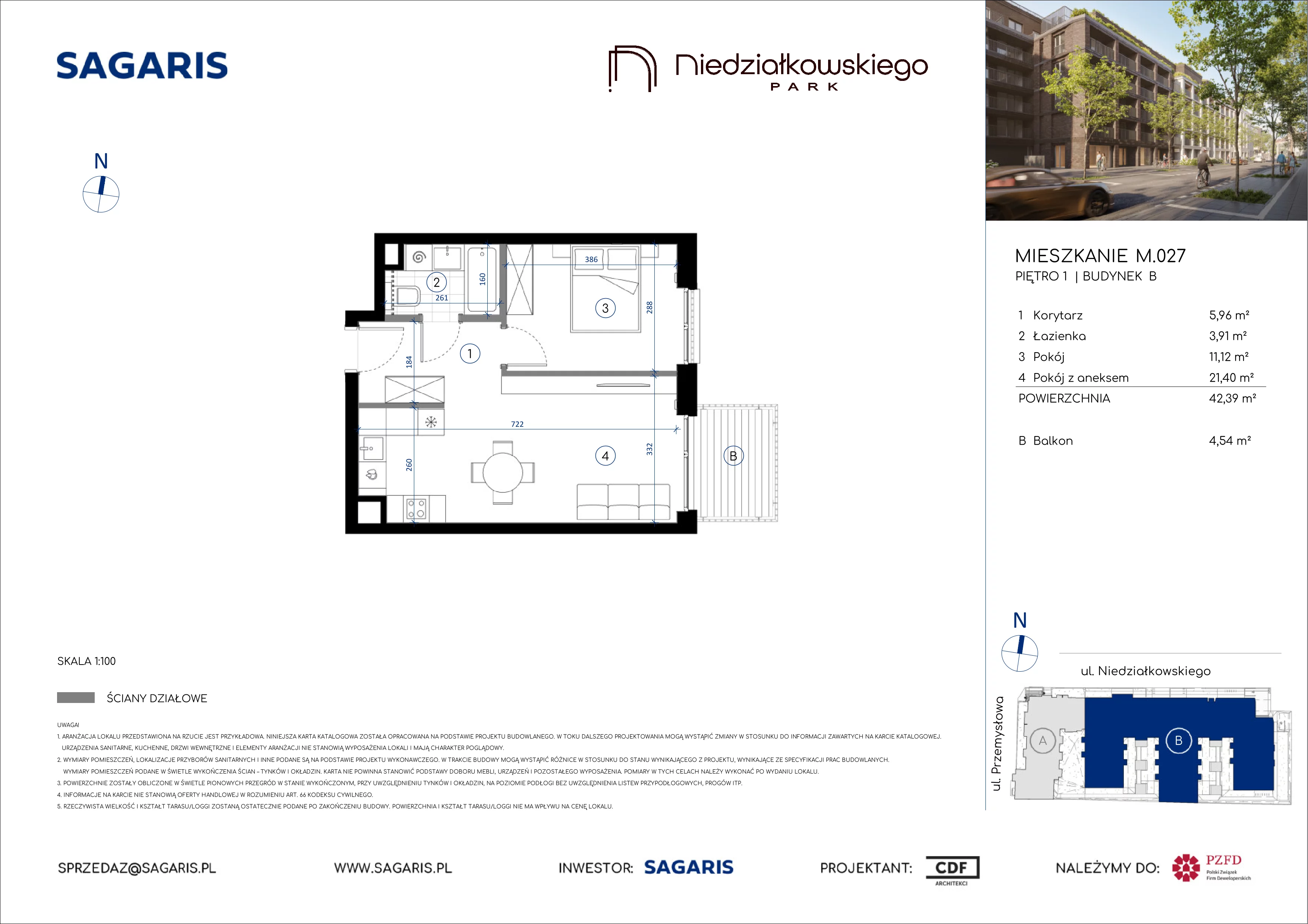 2 pokoje, mieszkanie 42,39 m², piętro 1, oferta nr M.027, Niedziałkowskiego Park, Poznań, Wilda, ul. Niedziałkowskiego Park