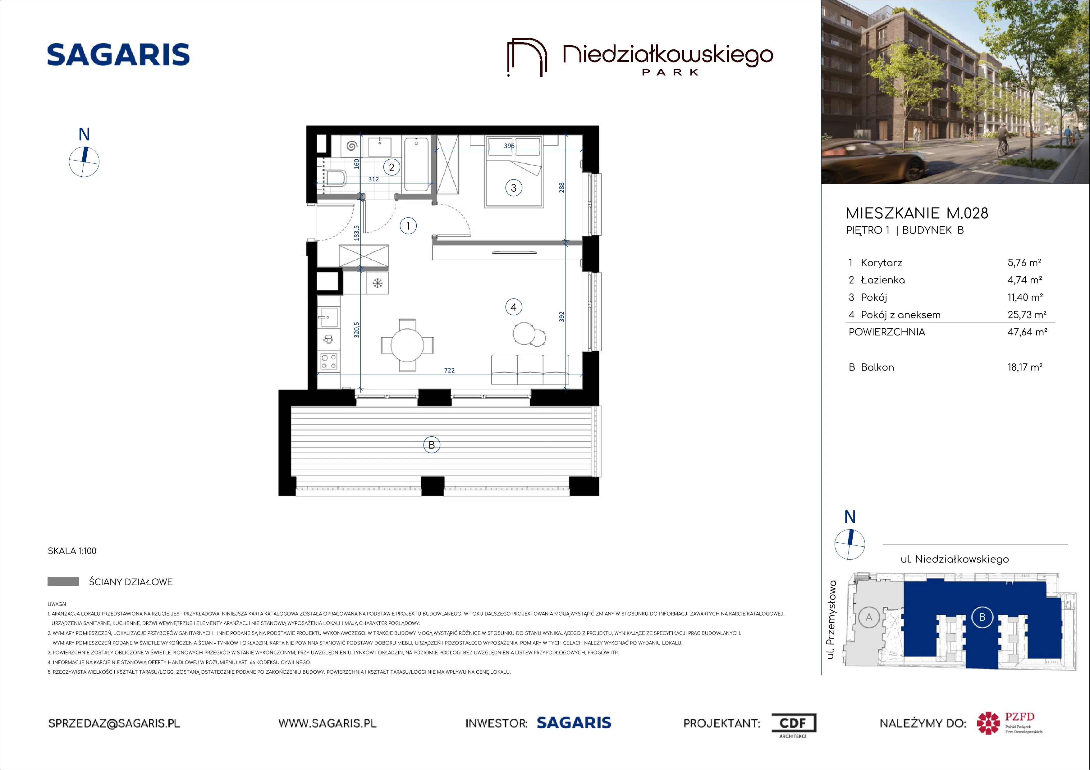 2 pokoje, mieszkanie 47,64 m², piętro 1, oferta nr M.028, Niedziałkowskiego Park, Poznań, Wilda, ul. Niedziałkowskiego Park