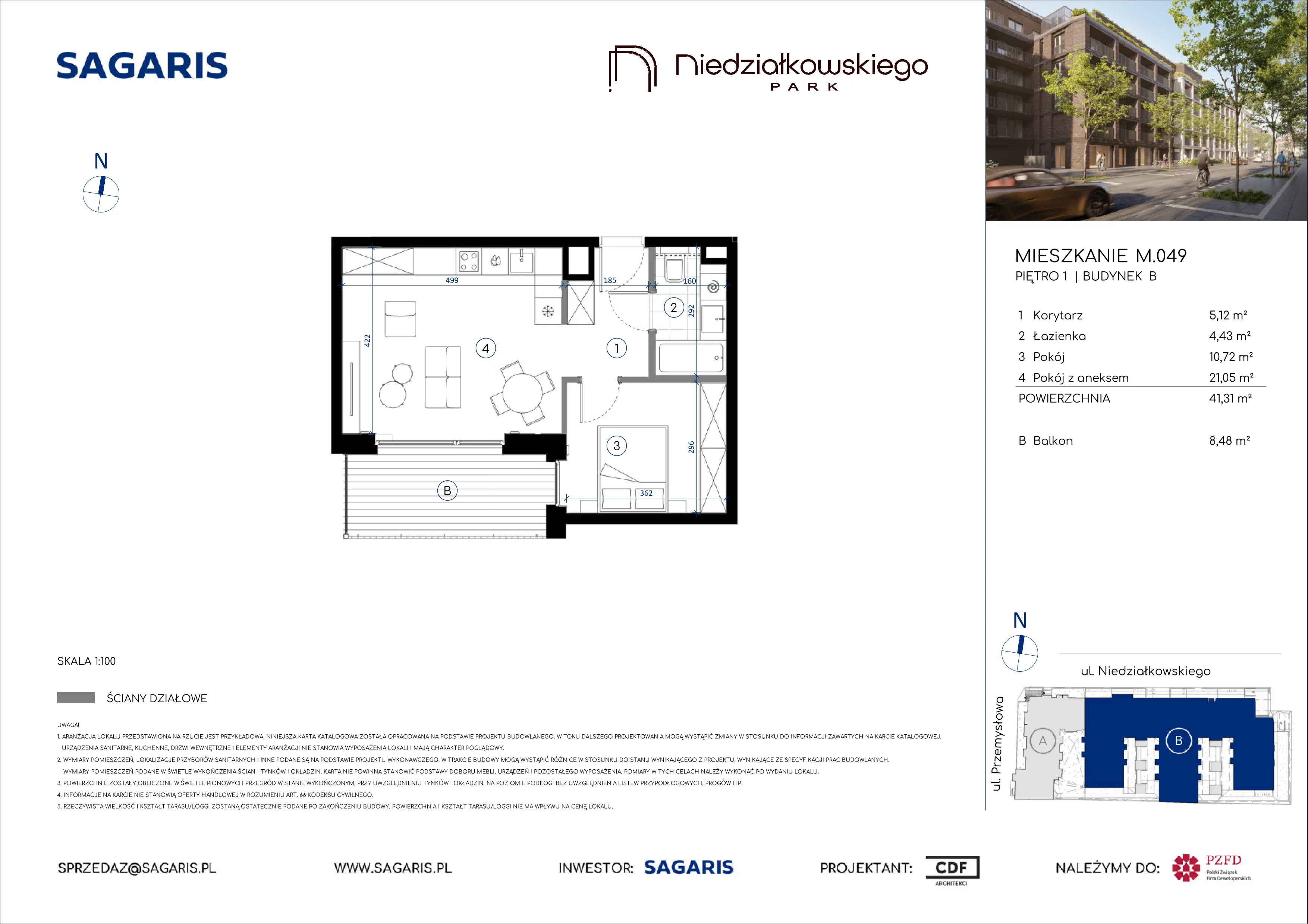 2 pokoje, mieszkanie 41,31 m², piętro 1, oferta nr M.049, Niedziałkowskiego Park, Poznań, Wilda, ul. Niedziałkowskiego Park