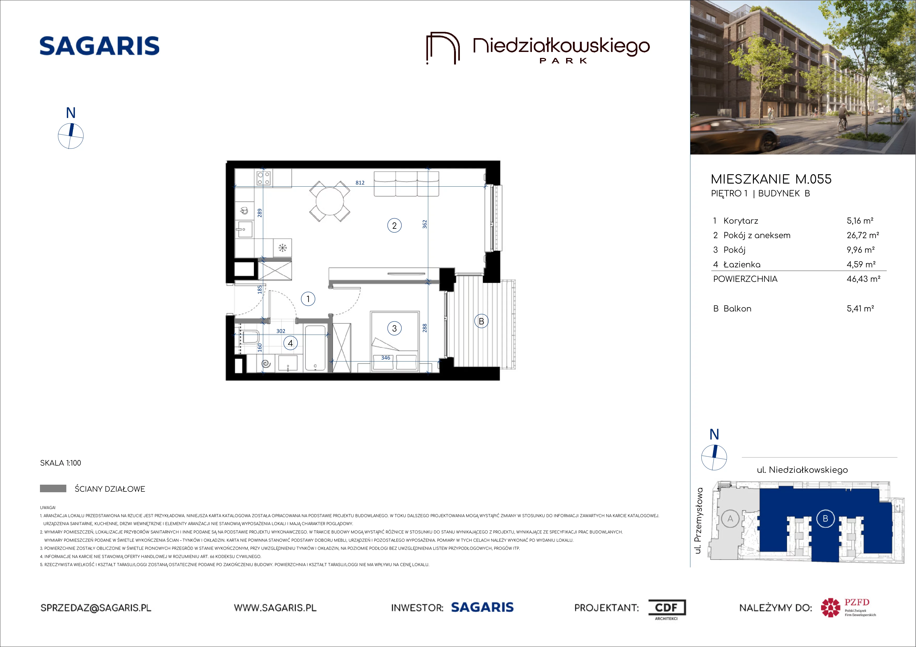 2 pokoje, mieszkanie 46,42 m², piętro 1, oferta nr M.055, Niedziałkowskiego Park, Poznań, Wilda, ul. Niedziałkowskiego Park