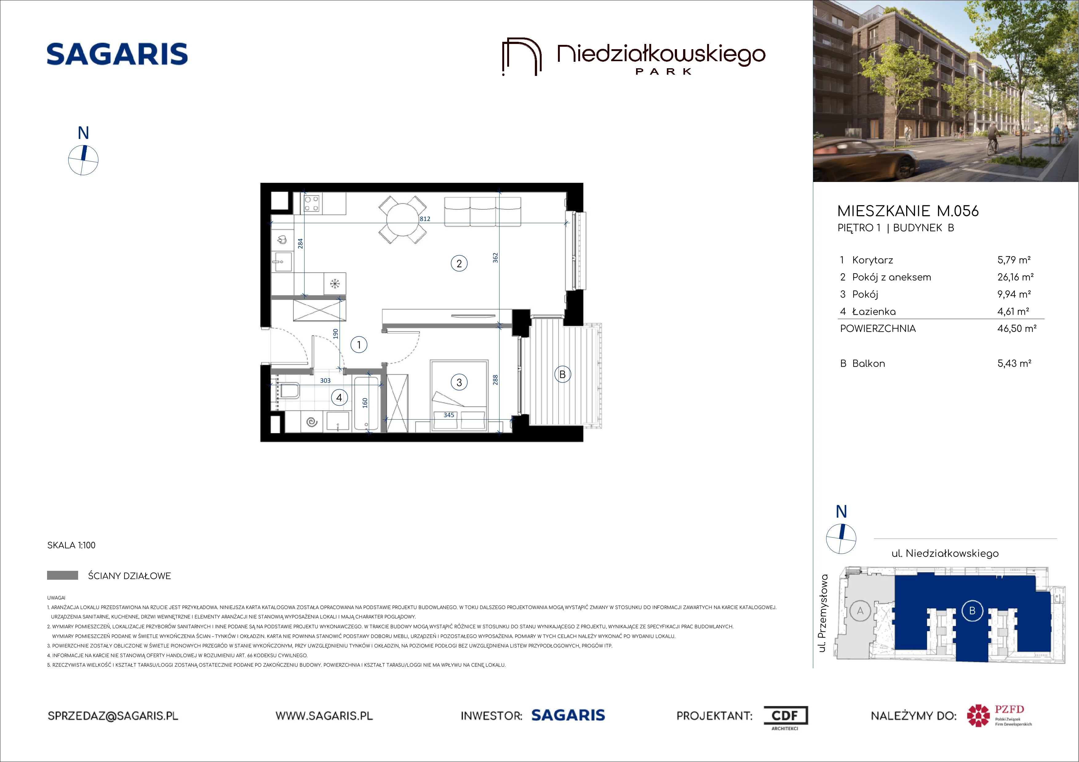 2 pokoje, mieszkanie 46,50 m², piętro 1, oferta nr M.056, Niedziałkowskiego Park, Poznań, Wilda, ul. Niedziałkowskiego Park
