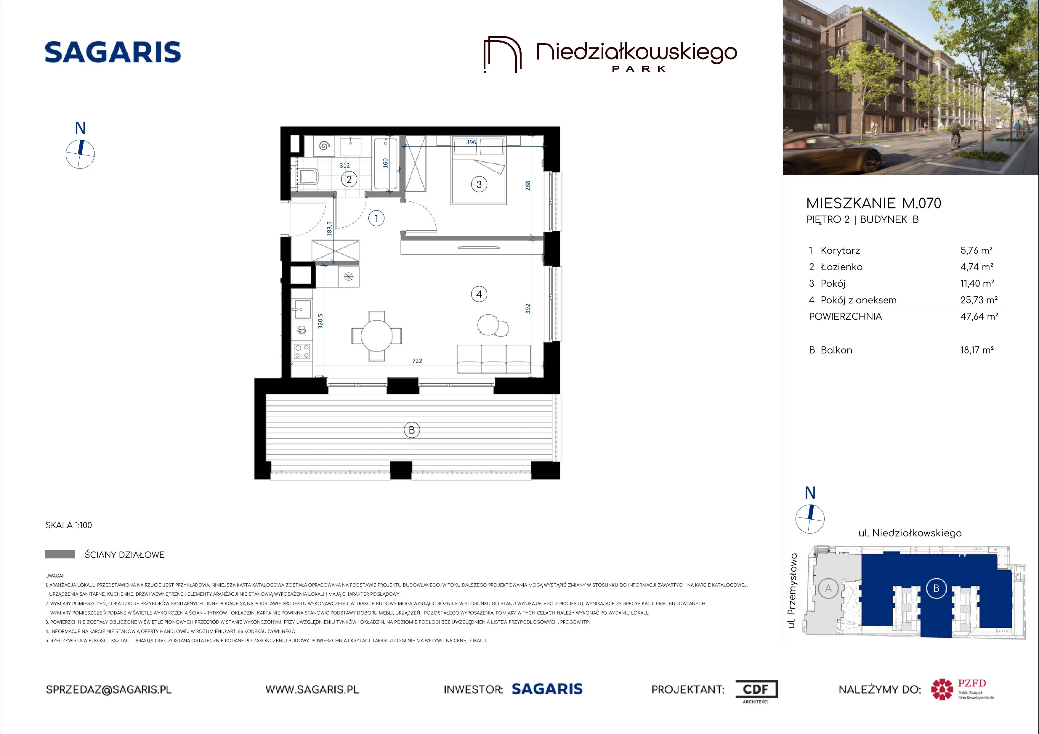 2 pokoje, mieszkanie 47,64 m², piętro 2, oferta nr M.070, Niedziałkowskiego Park, Poznań, Wilda, ul. Niedziałkowskiego Park