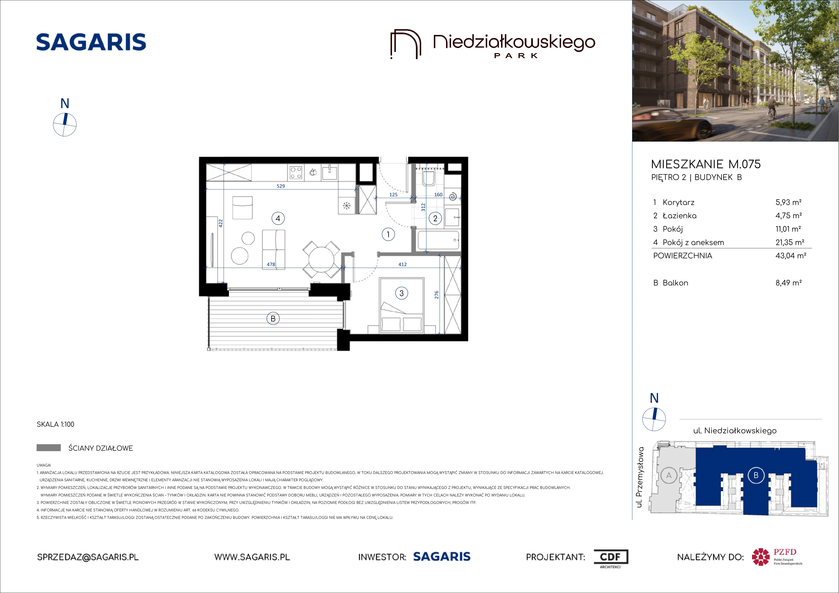 2 pokoje, mieszkanie 43,04 m², piętro 2, oferta nr M.075, Niedziałkowskiego Park, Poznań, Wilda, ul. Niedziałkowskiego Park