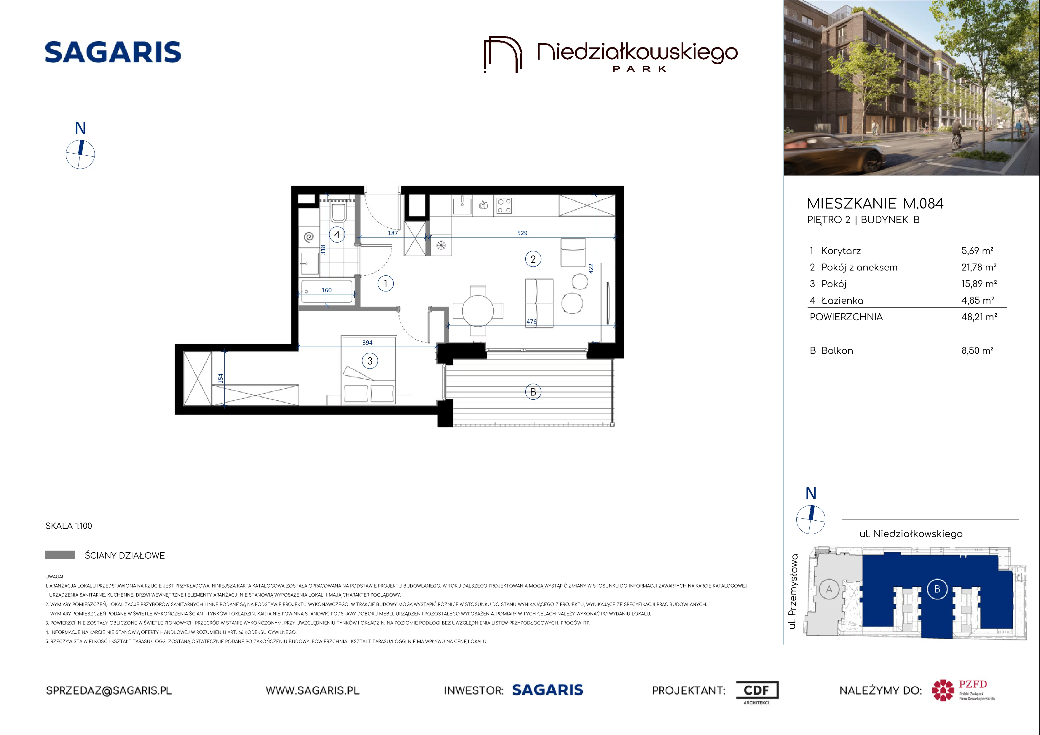 2 pokoje, mieszkanie 48,21 m², piętro 2, oferta nr M.084, Niedziałkowskiego Park, Poznań, Wilda, ul. Niedziałkowskiego Park