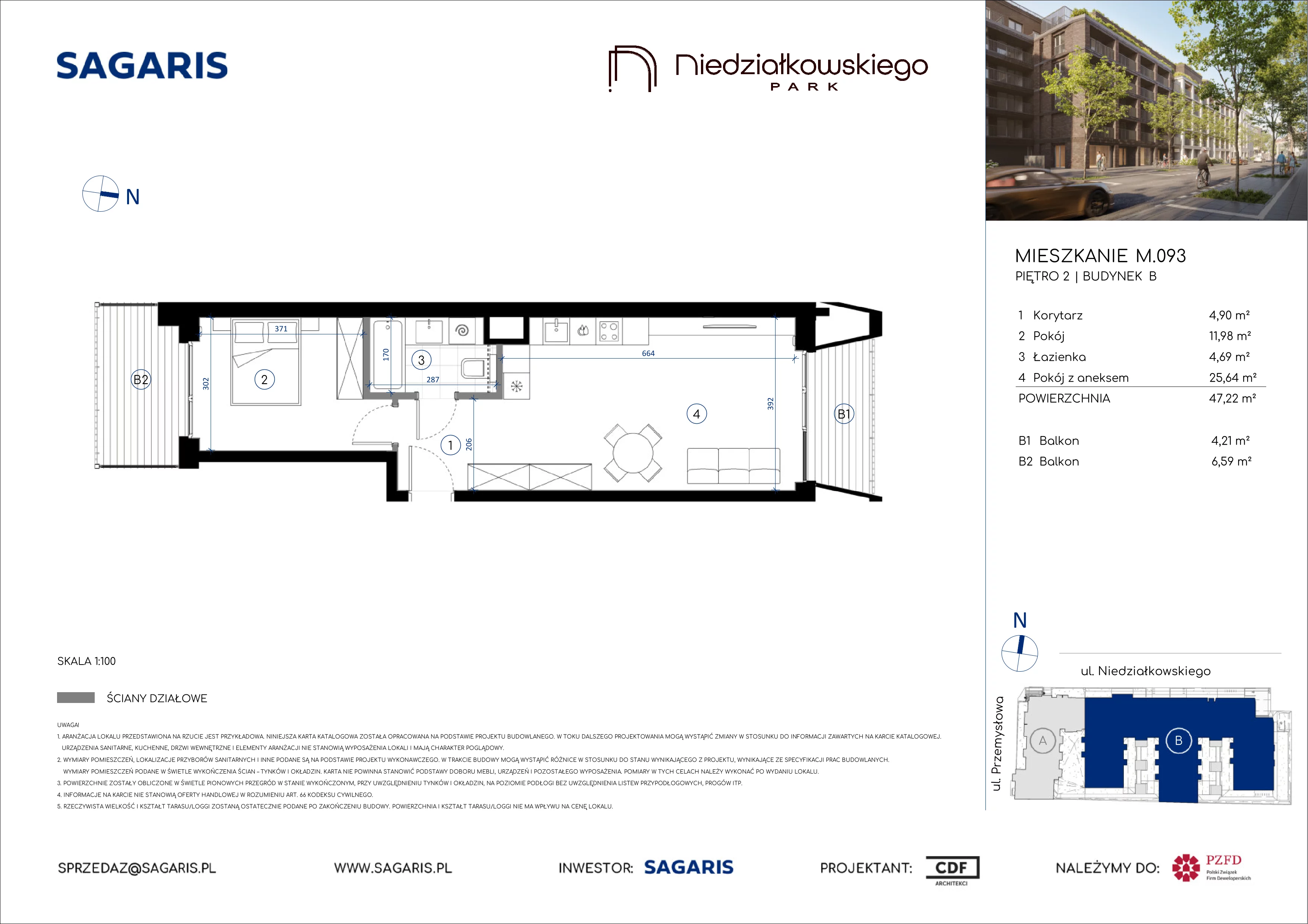 2 pokoje, mieszkanie 47,22 m², piętro 2, oferta nr M.093, Niedziałkowskiego Park, Poznań, Wilda, ul. Niedziałkowskiego Park
