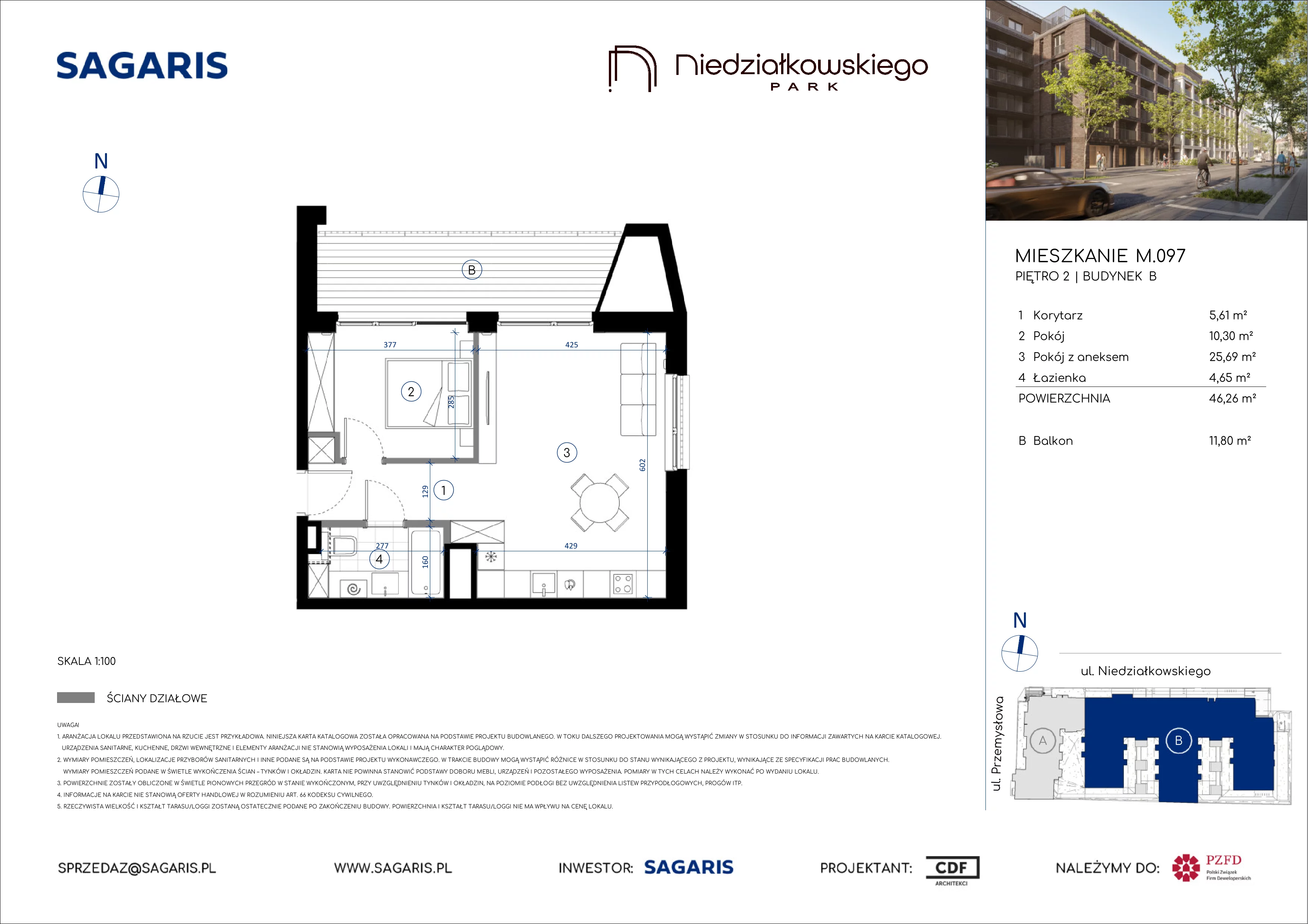2 pokoje, mieszkanie 46,26 m², piętro 2, oferta nr M.097, Niedziałkowskiego Park, Poznań, Wilda, ul. Niedziałkowskiego Park