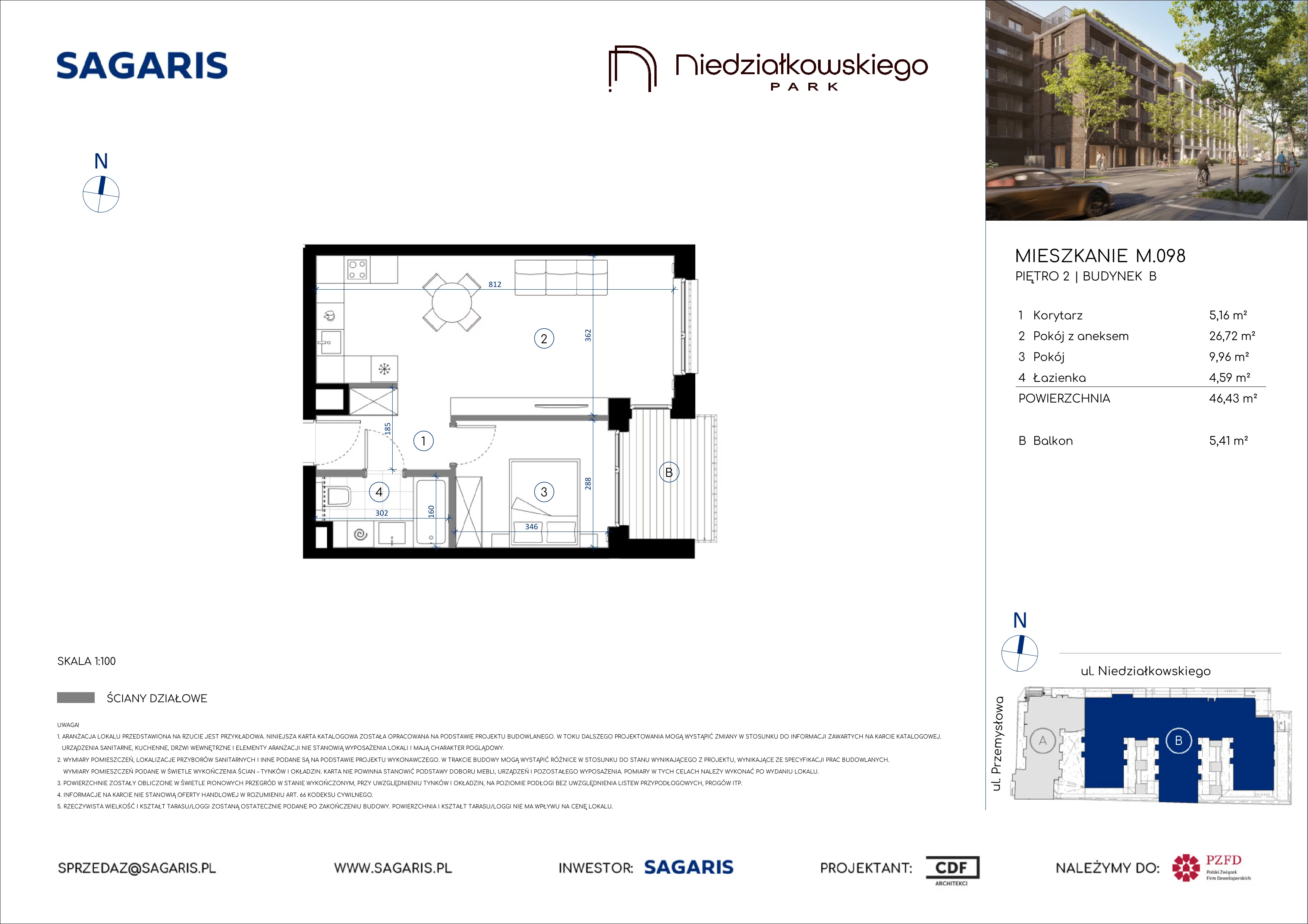 2 pokoje, mieszkanie 46,43 m², piętro 2, oferta nr M.098, Niedziałkowskiego Park, Poznań, Wilda, ul. Niedziałkowskiego Park