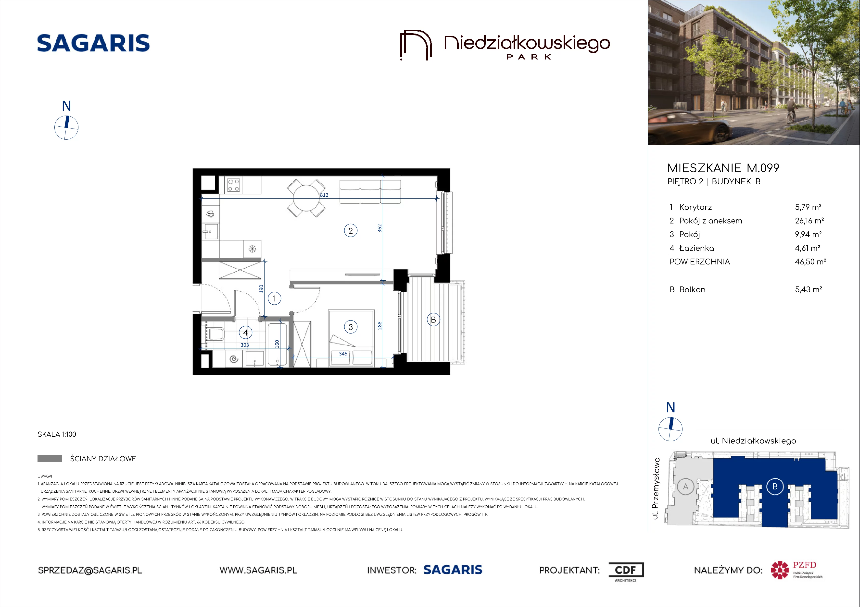 2 pokoje, mieszkanie 46,50 m², piętro 2, oferta nr M.099, Niedziałkowskiego Park, Poznań, Wilda, ul. Niedziałkowskiego Park