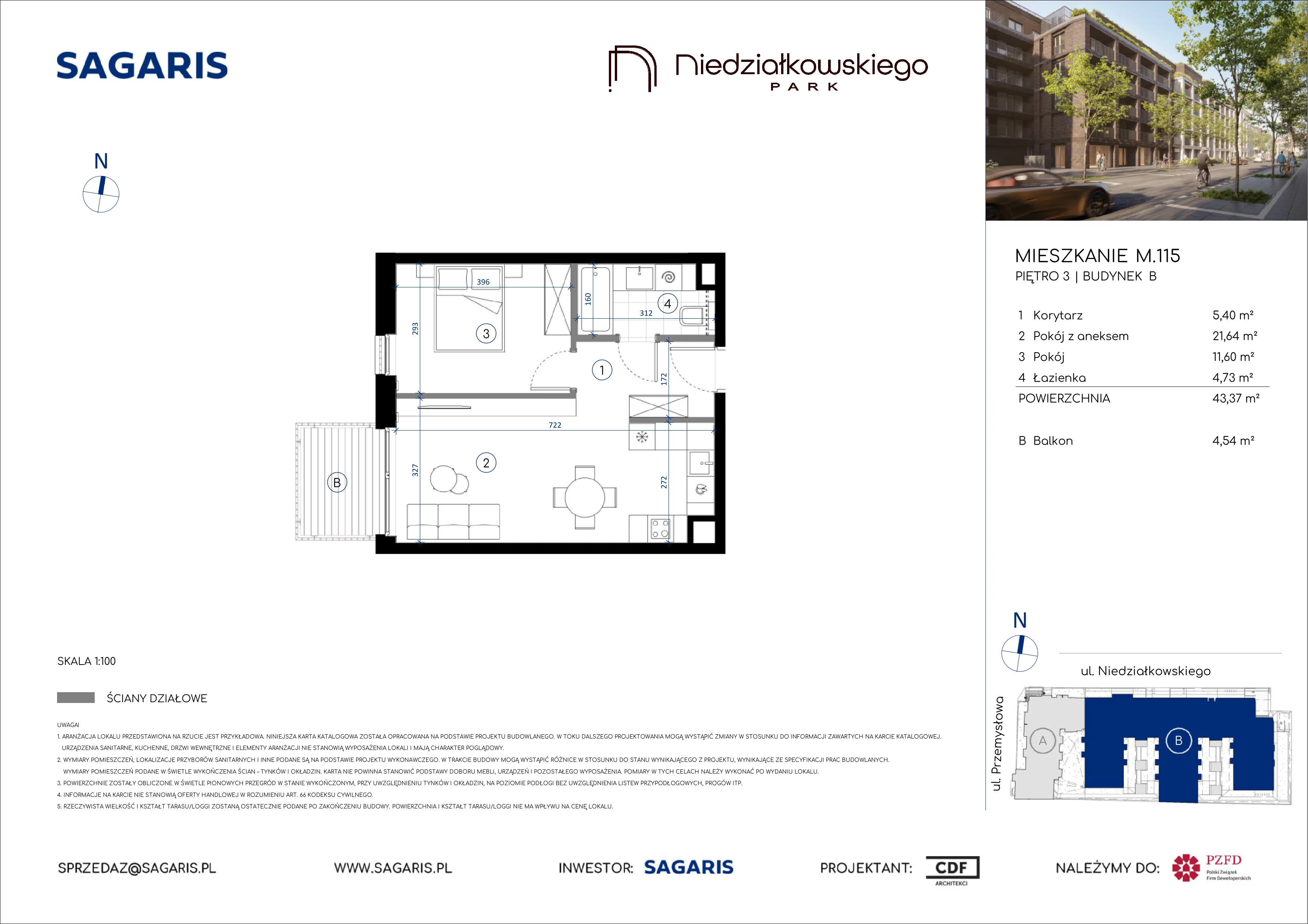 2 pokoje, mieszkanie 43,37 m², piętro 3, oferta nr M.115, Niedziałkowskiego Park, Poznań, Wilda, ul. Niedziałkowskiego Park