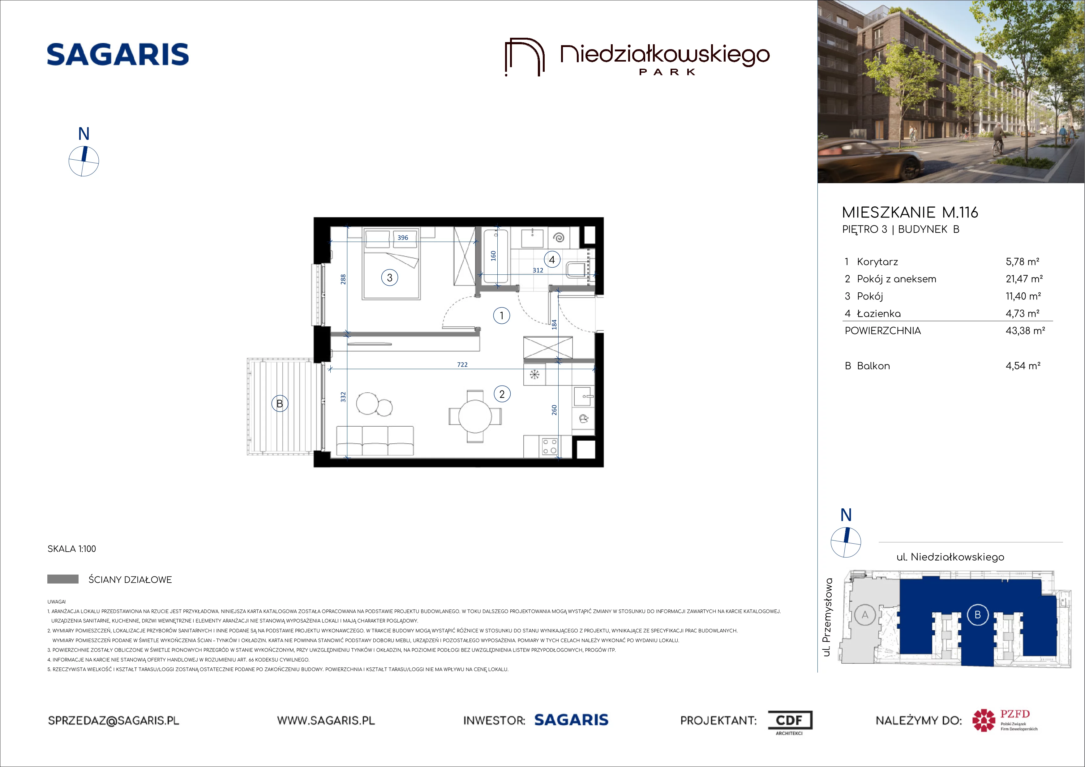 2 pokoje, mieszkanie 43,38 m², piętro 3, oferta nr M.116, Niedziałkowskiego Park, Poznań, Wilda, ul. Niedziałkowskiego Park
