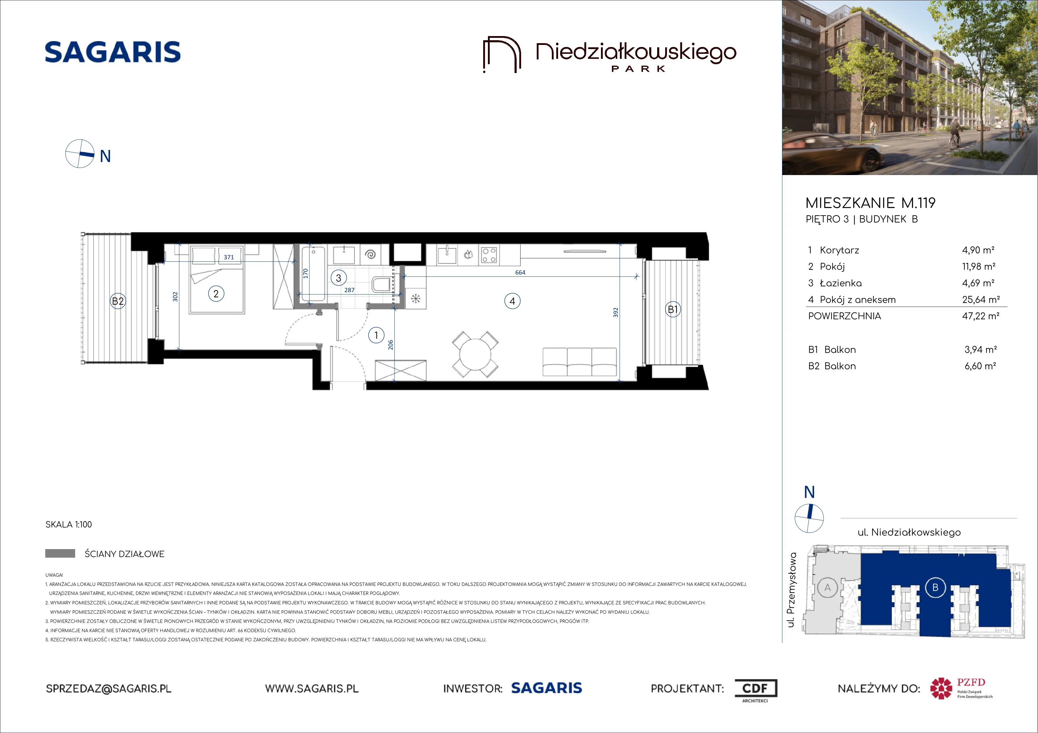 2 pokoje, mieszkanie 47,22 m², piętro 3, oferta nr M.119, Niedziałkowskiego Park, Poznań, Wilda, ul. Niedziałkowskiego Park
