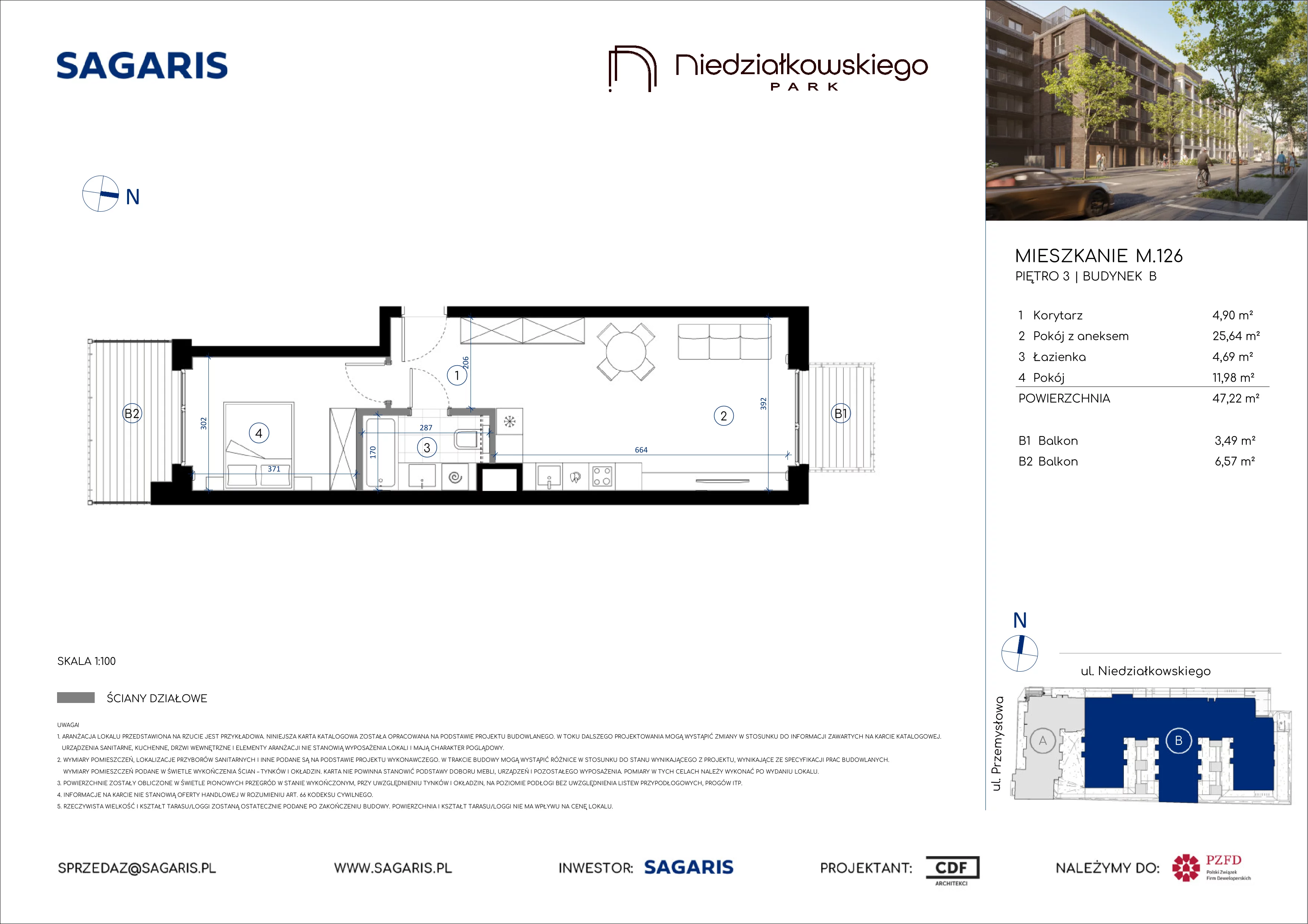 2 pokoje, mieszkanie 47,22 m², piętro 3, oferta nr M.126, Niedziałkowskiego Park, Poznań, Wilda, ul. Niedziałkowskiego Park