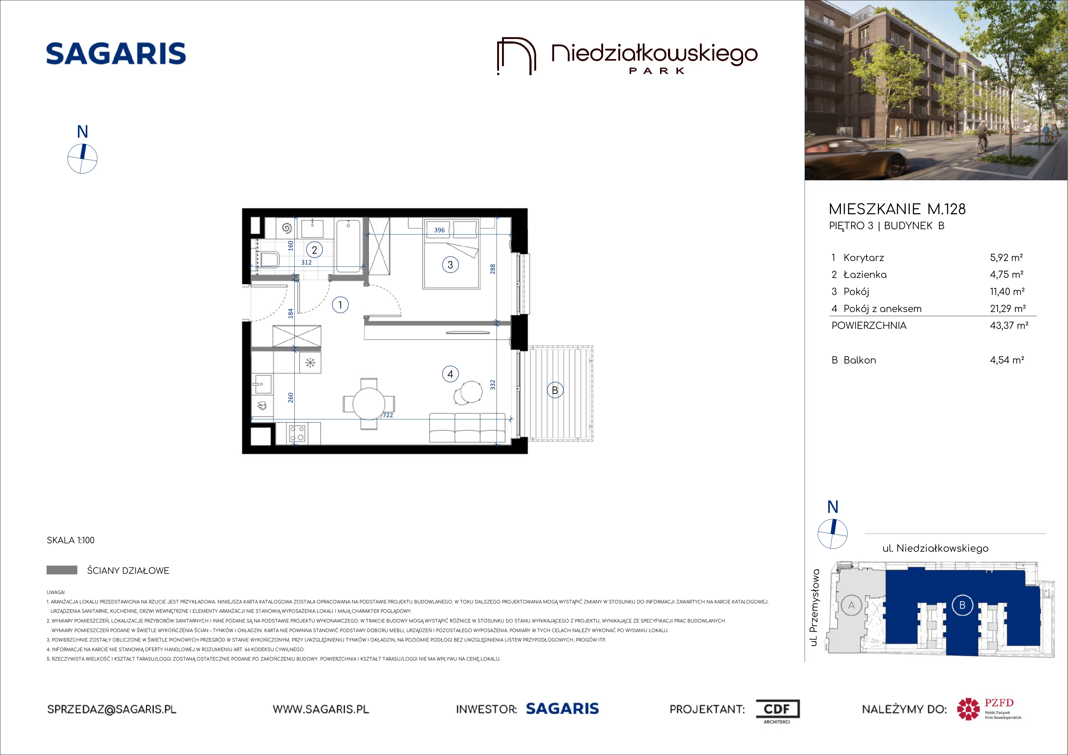 2 pokoje, mieszkanie 43,37 m², piętro 3, oferta nr M.128, Niedziałkowskiego Park, Poznań, Wilda, ul. Niedziałkowskiego Park
