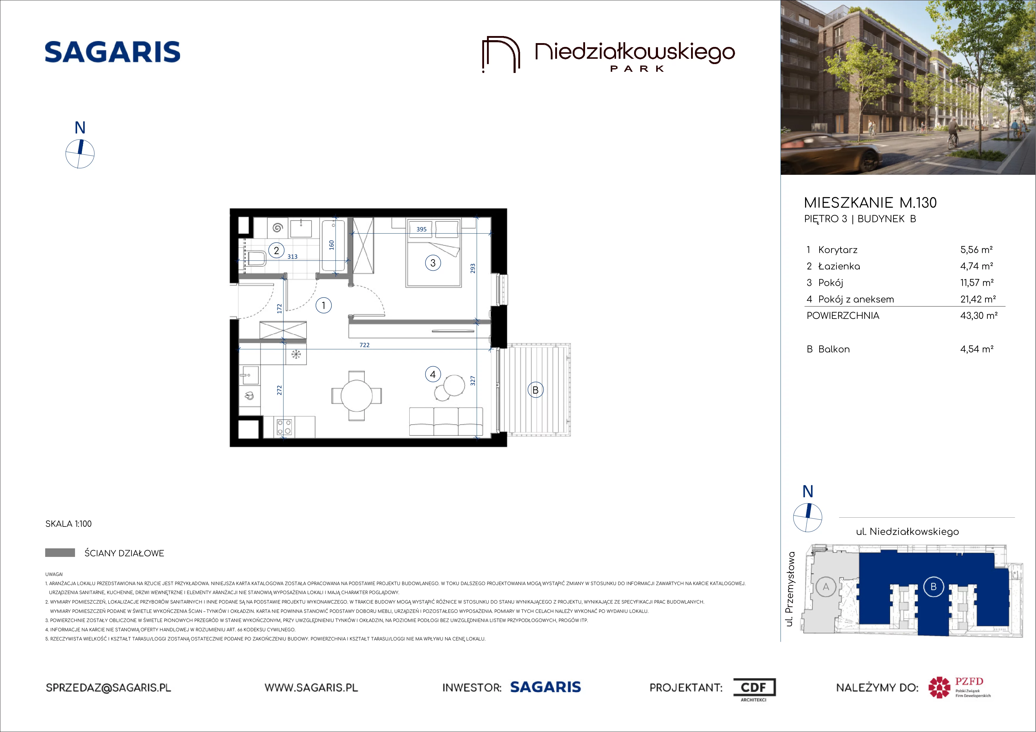 2 pokoje, mieszkanie 43,30 m², piętro 3, oferta nr M.130, Niedziałkowskiego Park, Poznań, Wilda, ul. Niedziałkowskiego Park