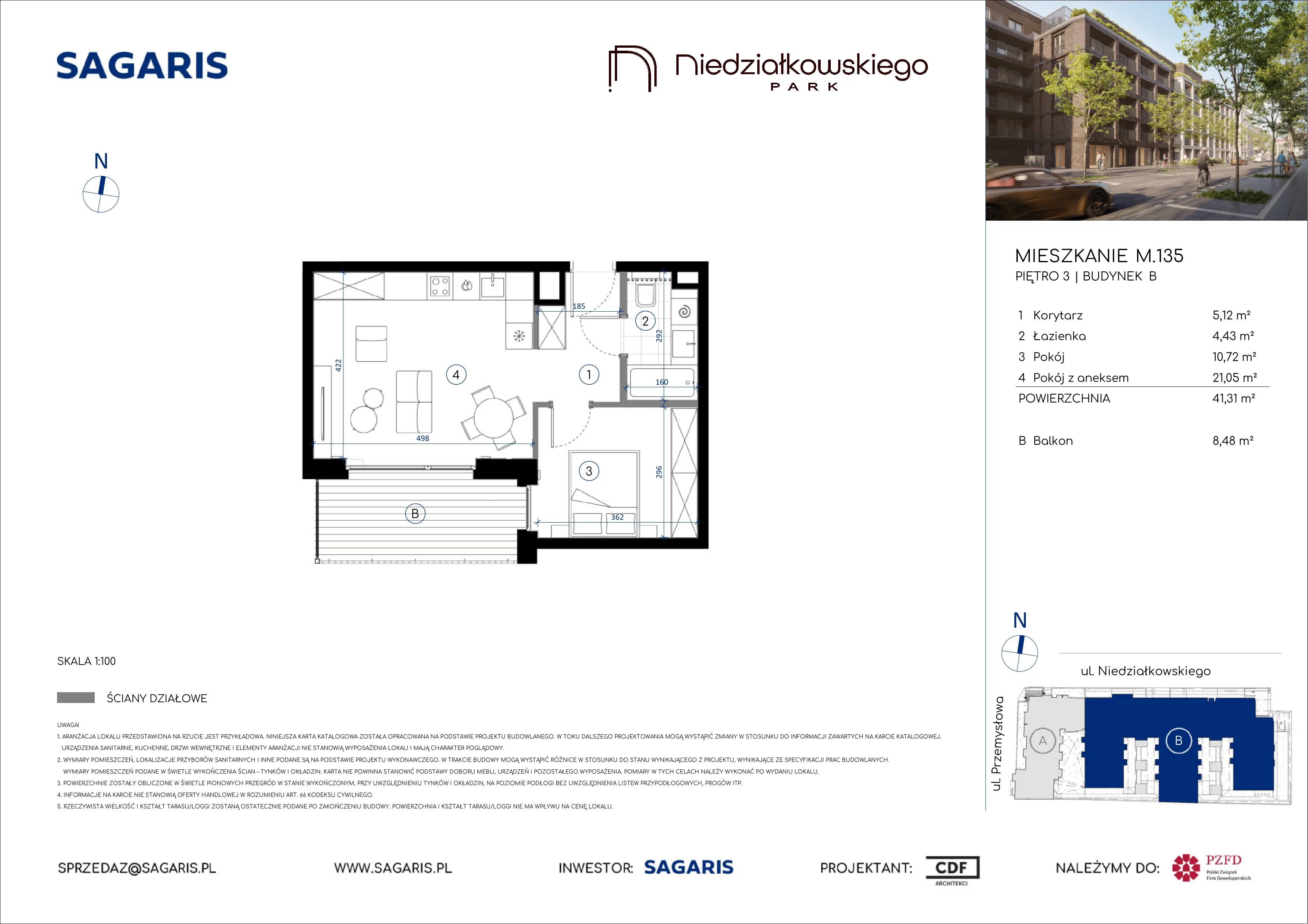 2 pokoje, mieszkanie 41,31 m², piętro 3, oferta nr M.135, Niedziałkowskiego Park, Poznań, Wilda, ul. Niedziałkowskiego Park