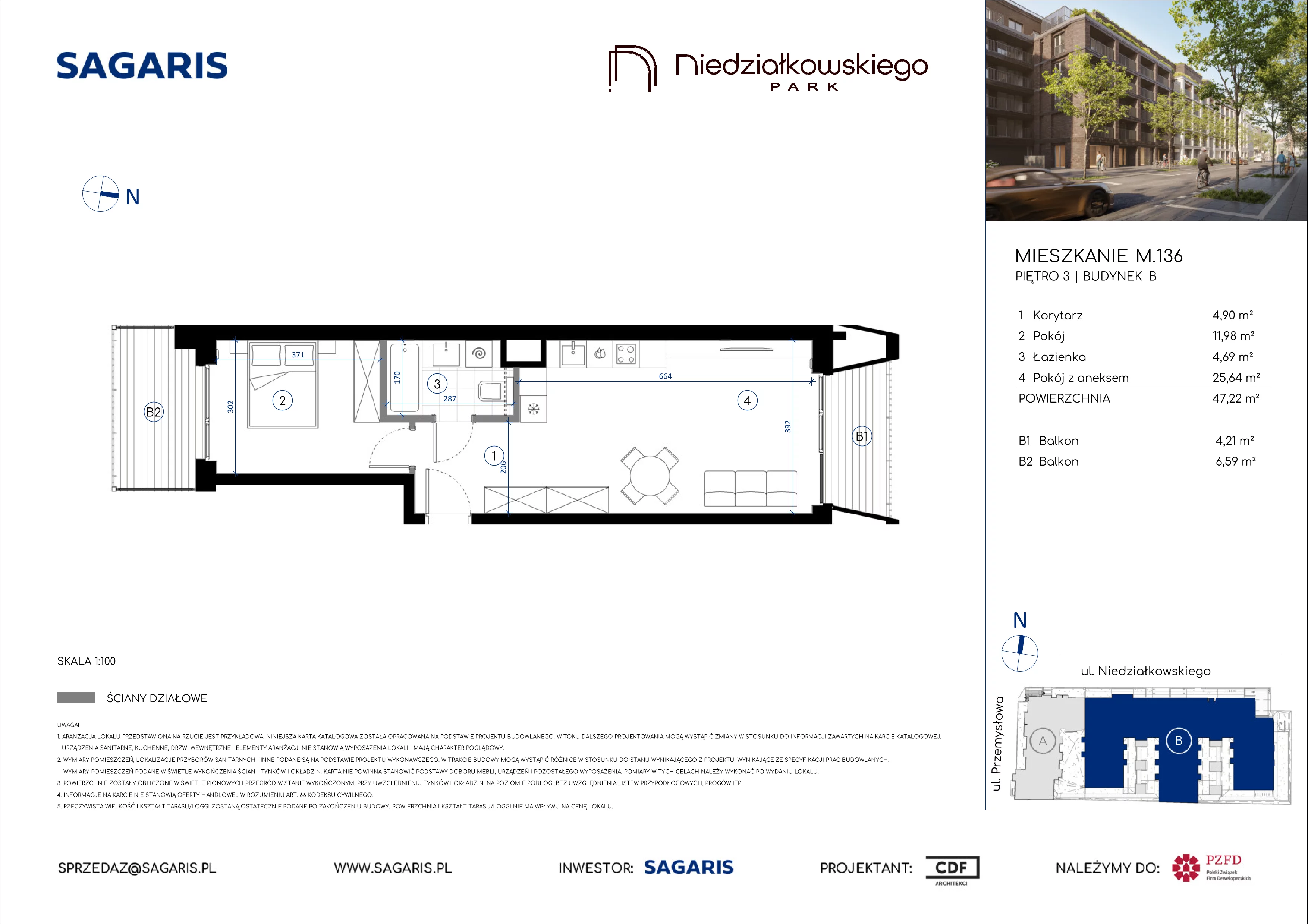 2 pokoje, mieszkanie 47,22 m², piętro 3, oferta nr M.136, Niedziałkowskiego Park, Poznań, Wilda, ul. Niedziałkowskiego Park