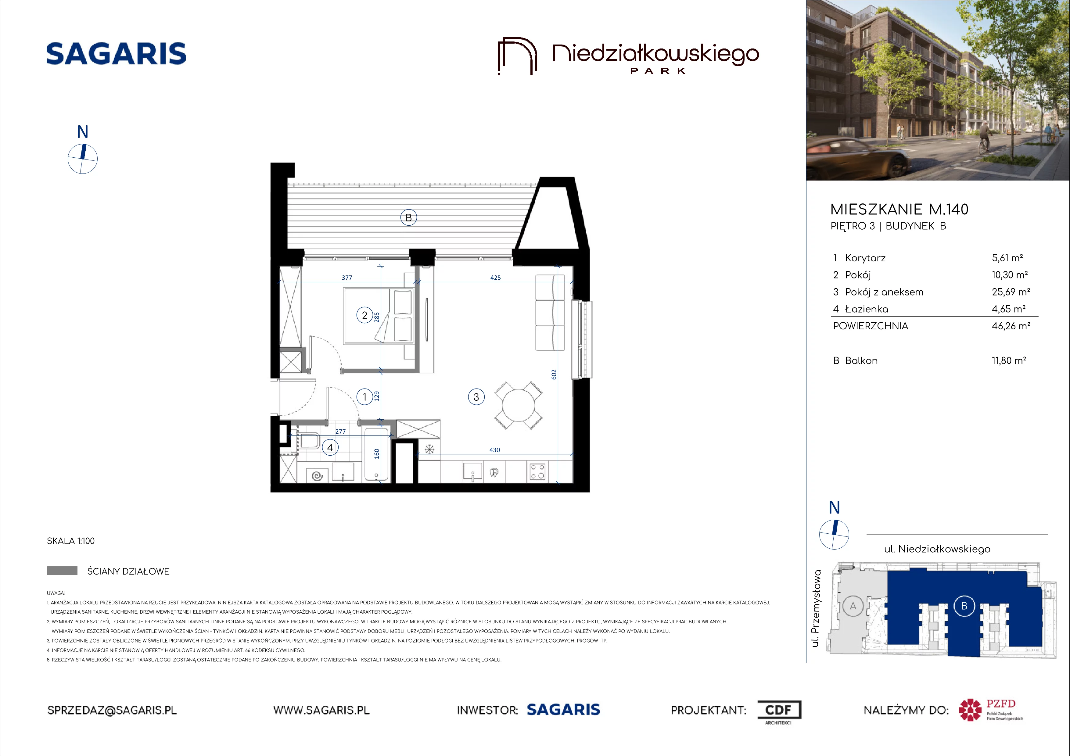 2 pokoje, mieszkanie 46,26 m², piętro 3, oferta nr M.140, Niedziałkowskiego Park, Poznań, Wilda, ul. Niedziałkowskiego Park